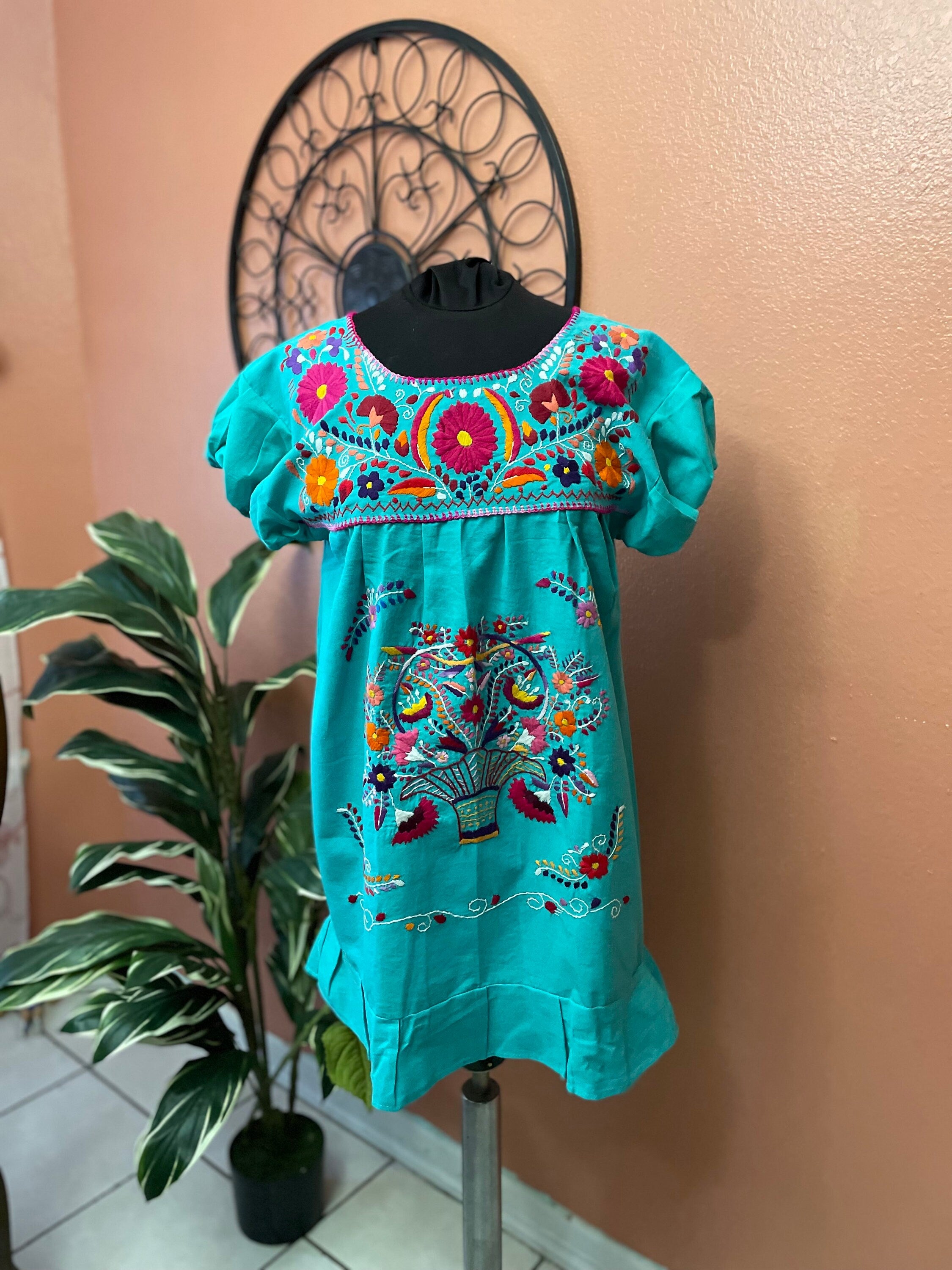 Hand Embroidered Mexican Fiesta Dress: Women's Cotton