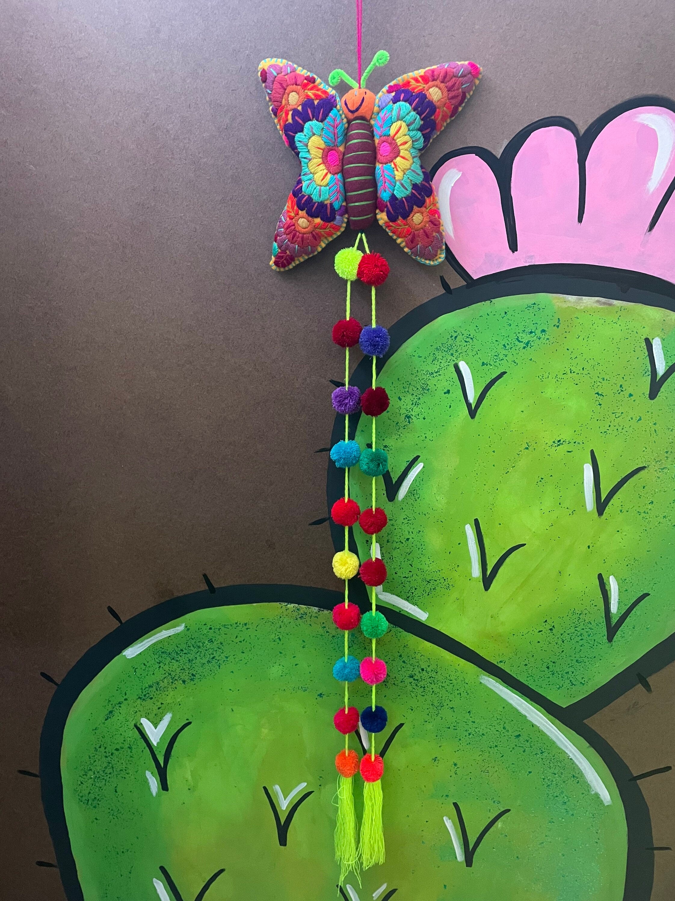 Image of Gorgeous Hand Embroidered Large Butterfly - Handmade Butterfly PomPom - Artisanal Decor