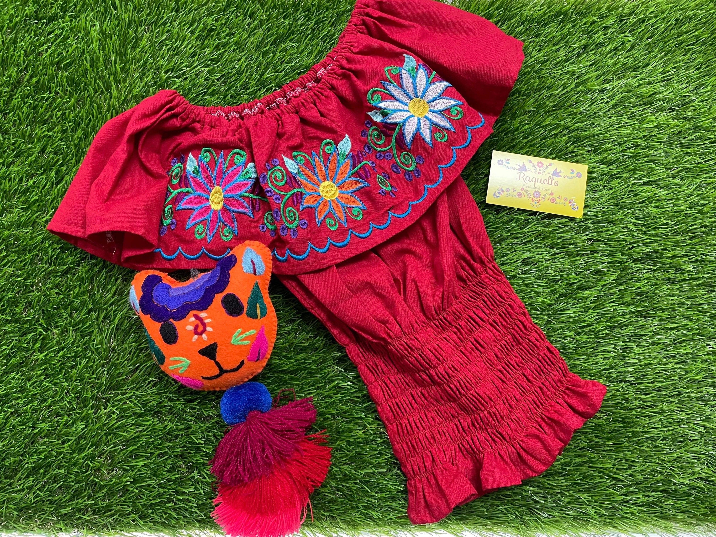 Image of Floral Embroidered Elastic Girl’s Top - Handmade Girl’s Blouse - Artisanal Embroidery