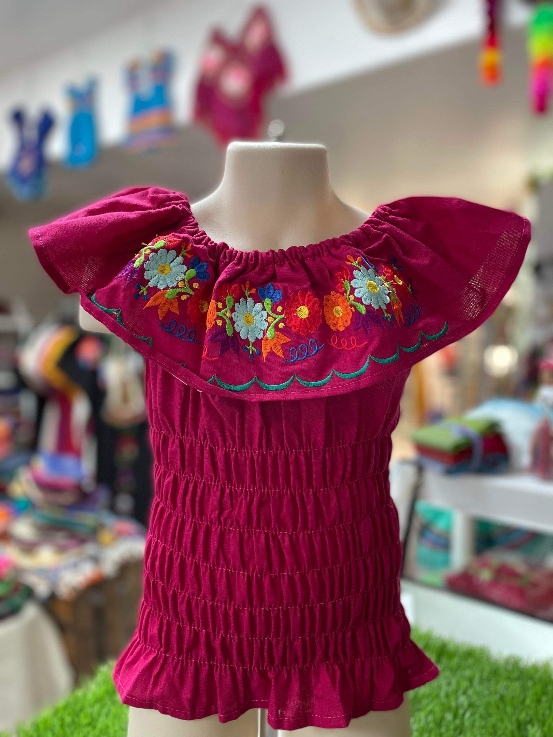 Image of Floral Embroidered Elastic Girl’s Top - Handmade Girl’s Blouse - Artisanal Embroidery