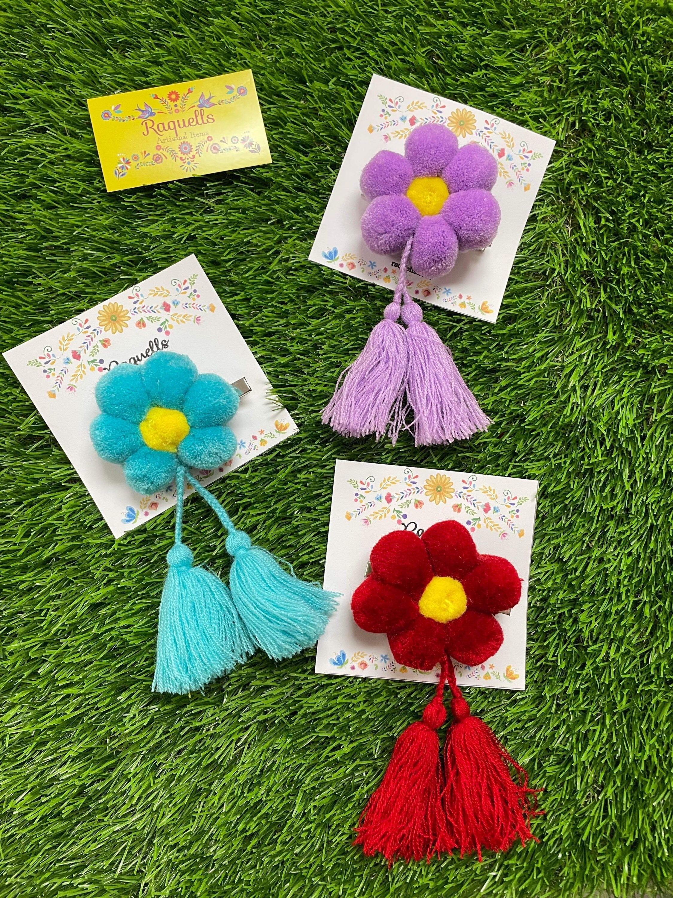 Image of Handmade PomPom Flower Hair Clips