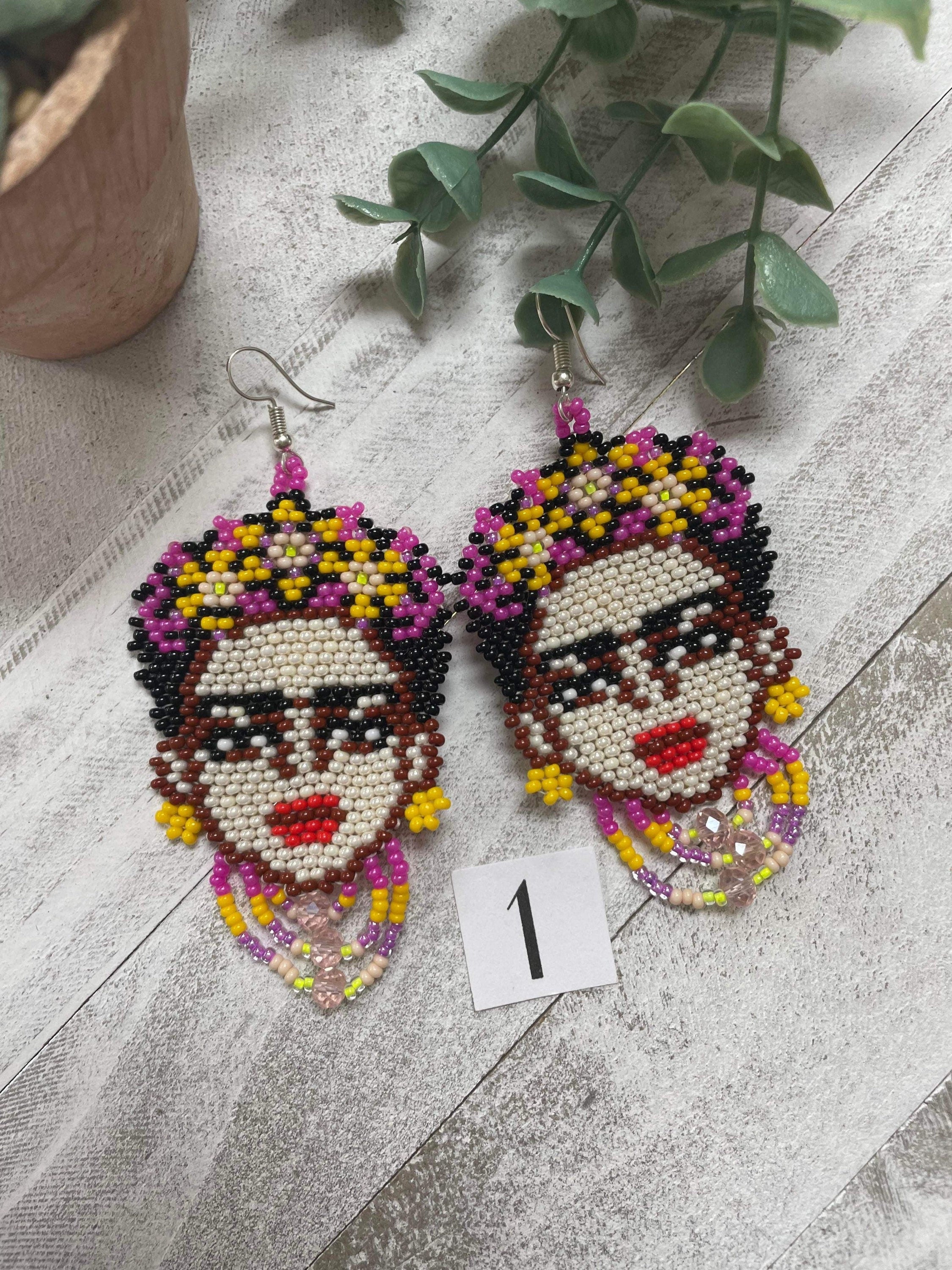 Image of Beautiful Handmade Beaded Large Frida Earrings - Artisan Made Earrings