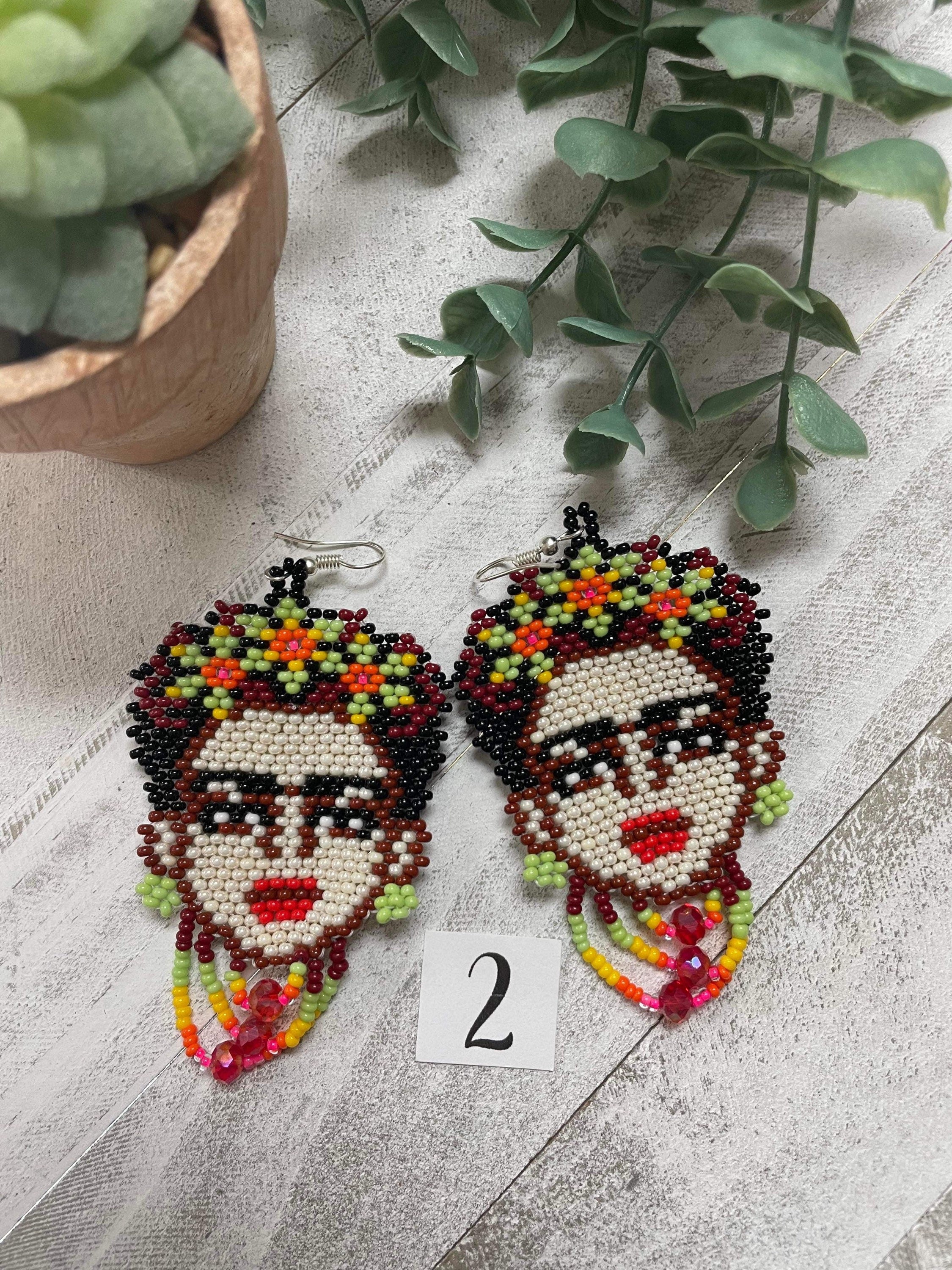 Image of Beautiful Handmade Beaded Large Frida Earrings - Artisan Made Earrings