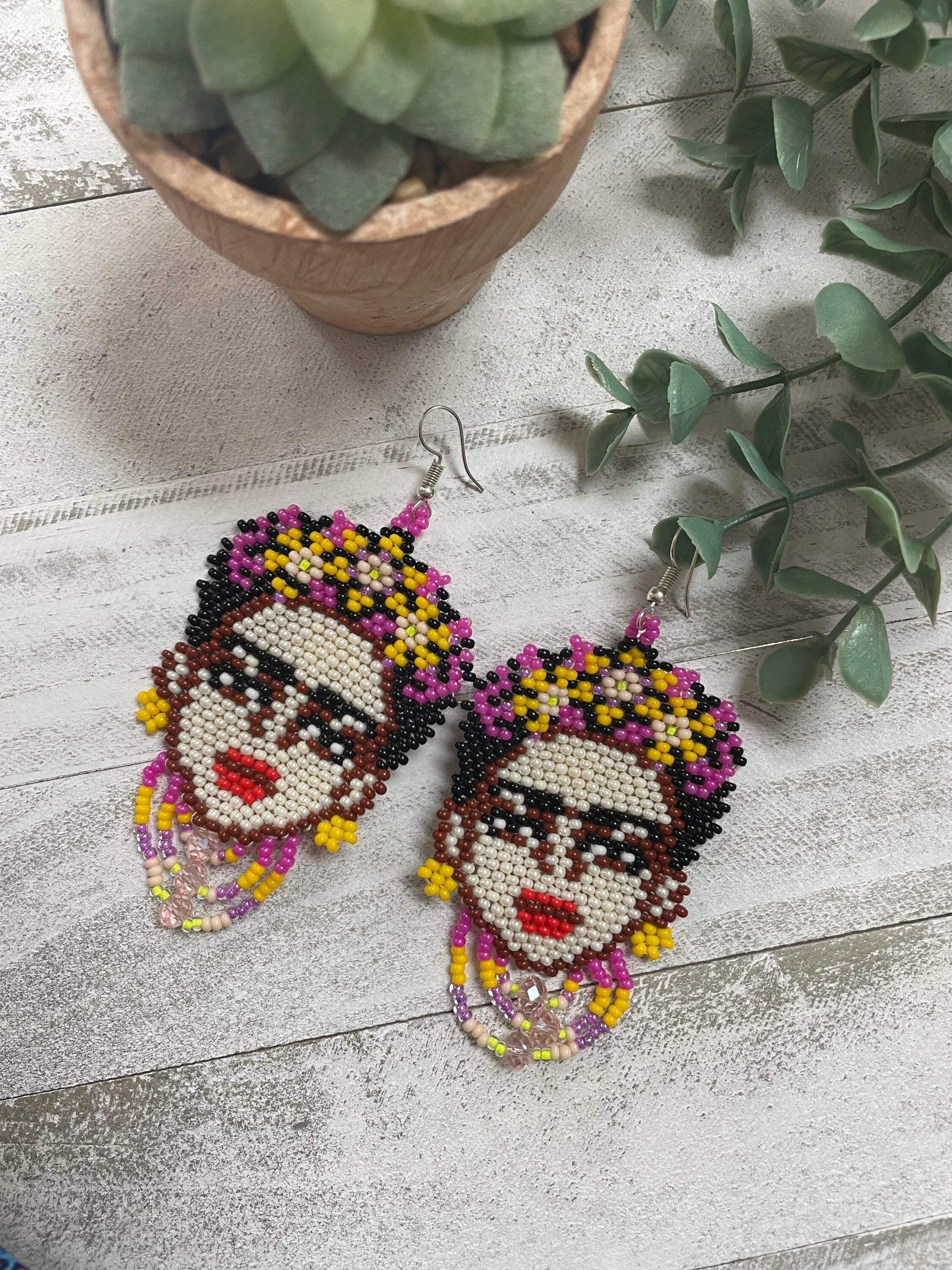 Image of Beautiful Handmade Beaded Large Frida Earrings - Artisan Made Earrings