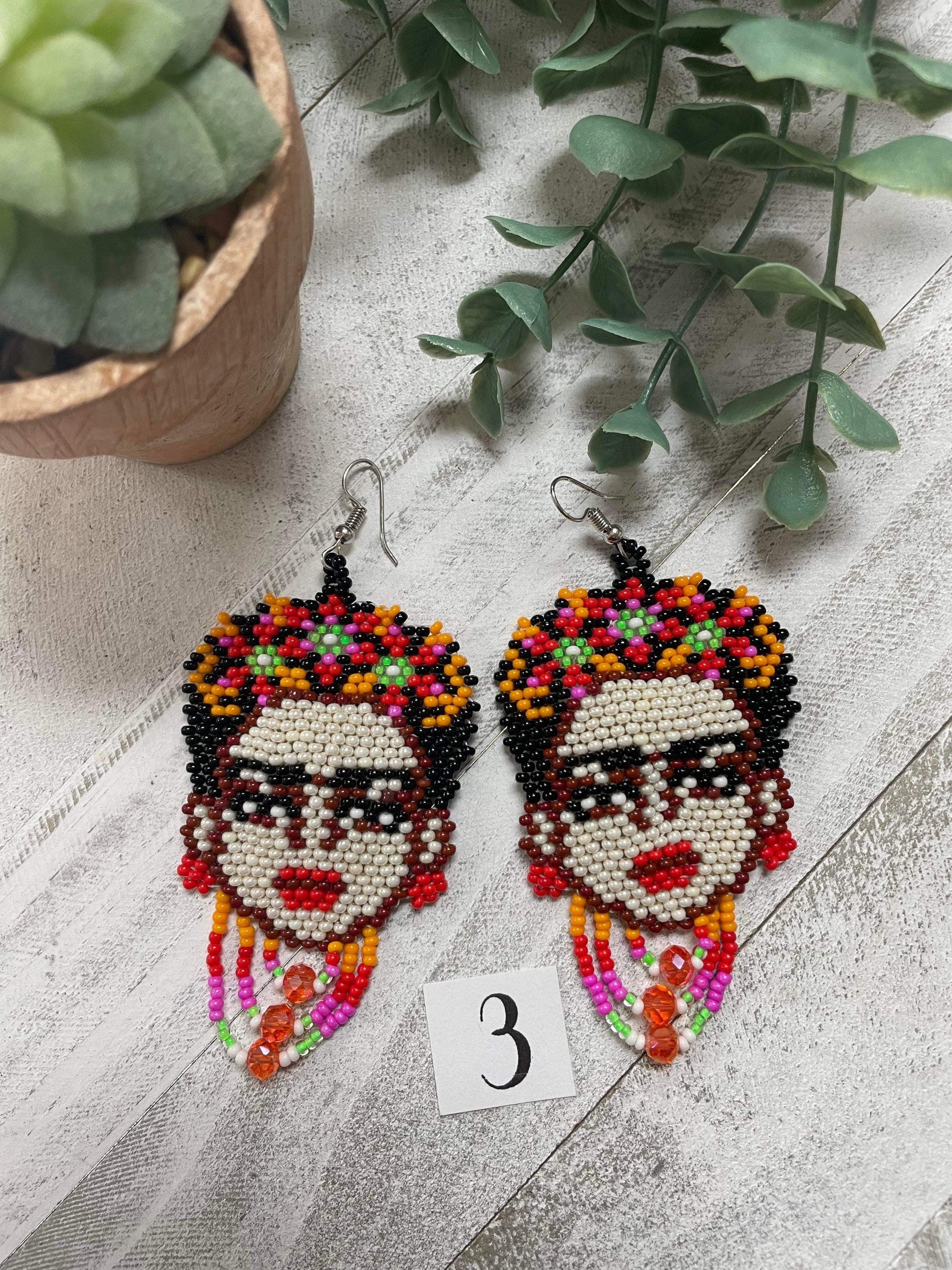 Image of Beautiful Handmade Beaded Large Frida Earrings - Artisan Made Earrings
