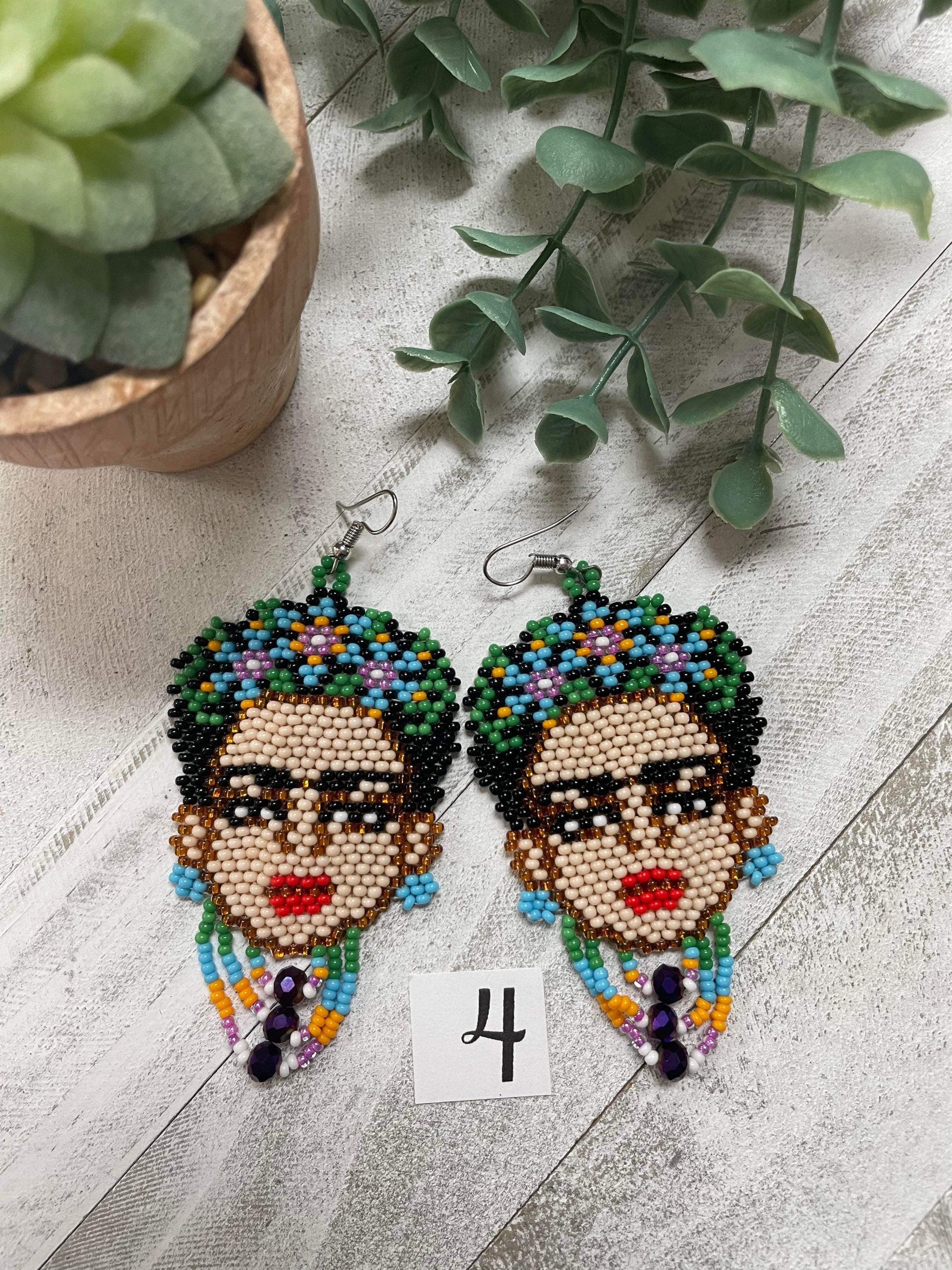 Image of Beautiful Handmade Beaded Large Frida Earrings - Artisan Made Earrings