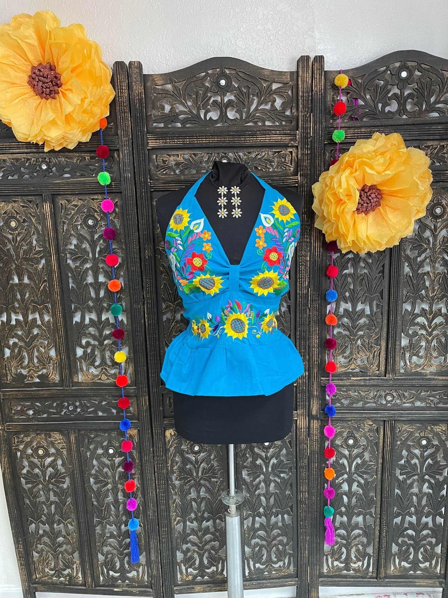 Image of Summertime Mexican Halter Blouses - Artisan Made Embroidered Blouses - Floral Halter Blouse