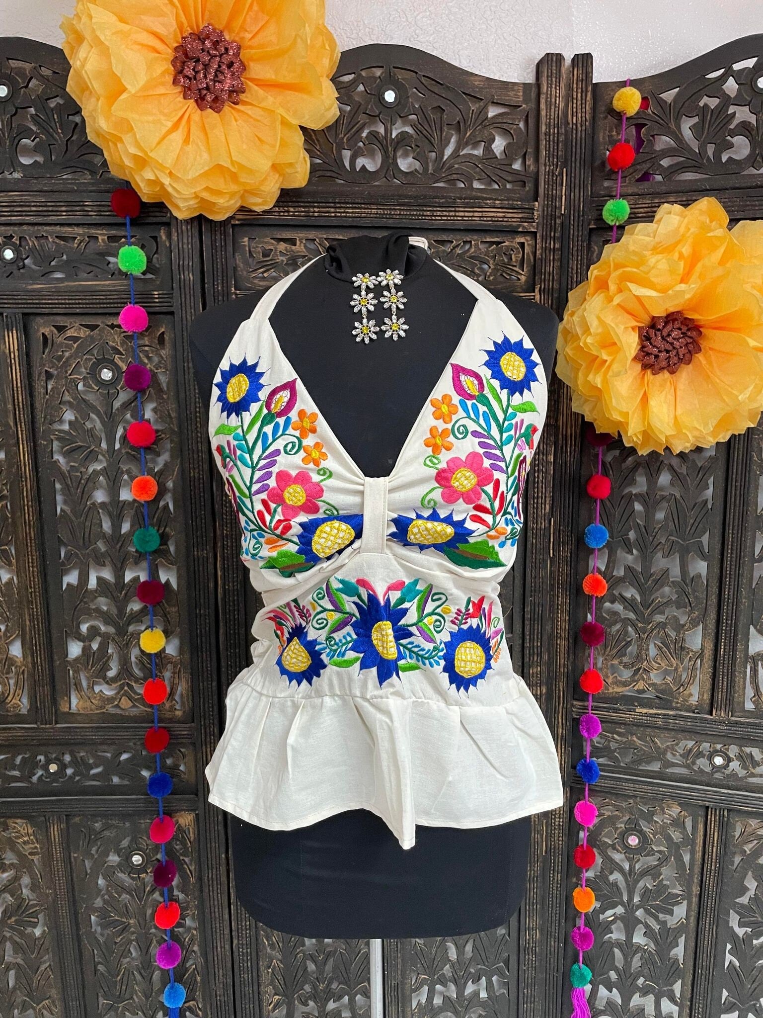 Summertime Mexican Halter Blouses - Artisan Made Embroidered Blouses - Floral Halter Blouse
