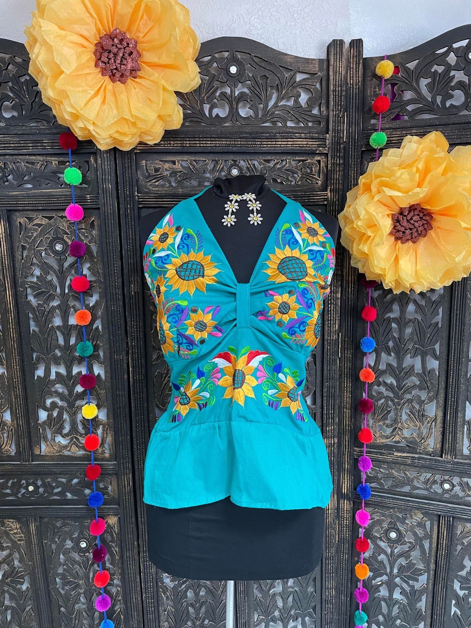 Image of Summertime Mexican Halter Blouses - Artisan Made Embroidered Blouses - Floral Halter Blouse