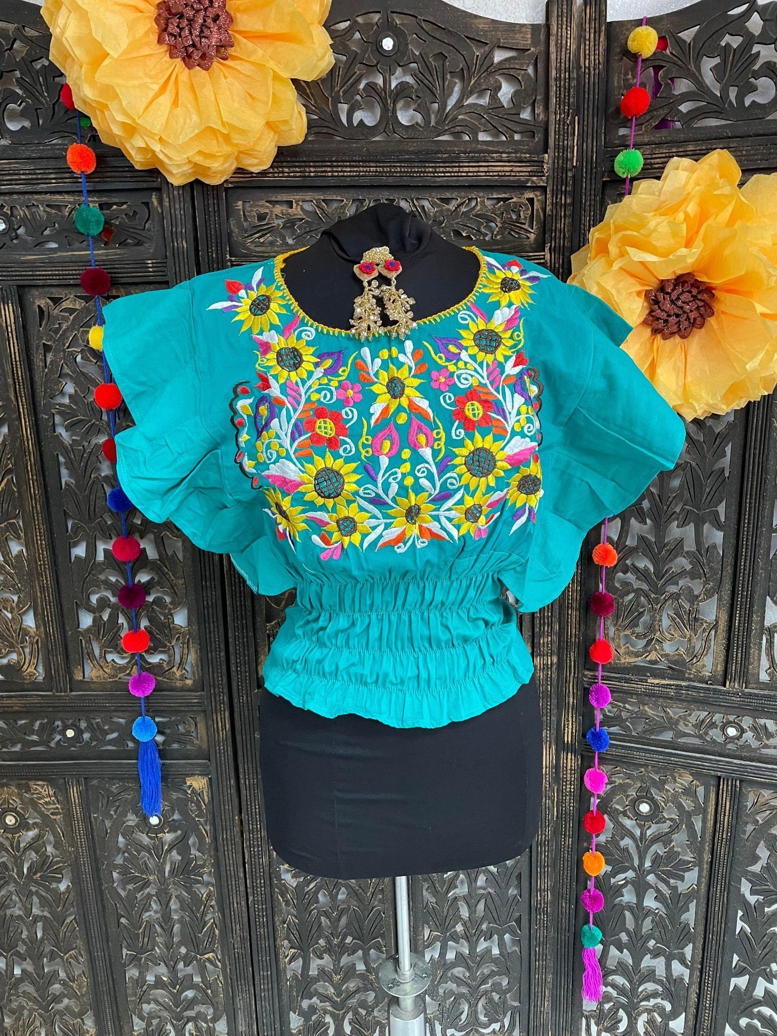Image of Beautiful Trendy Mexican Style Blouse - Artisan Made Embroidered Blouse - Floral Design Blouse