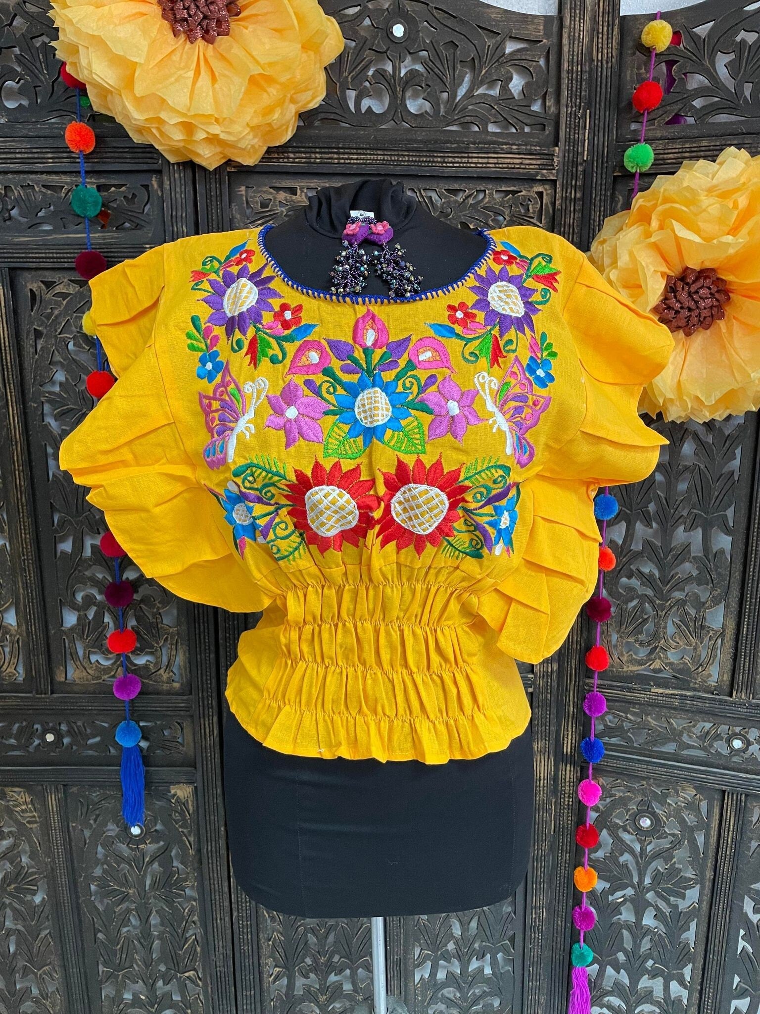 Image of Beautiful Trendy Mexican Style Blouse - Artisan Made Embroidered Blouse - Floral Design Blouse