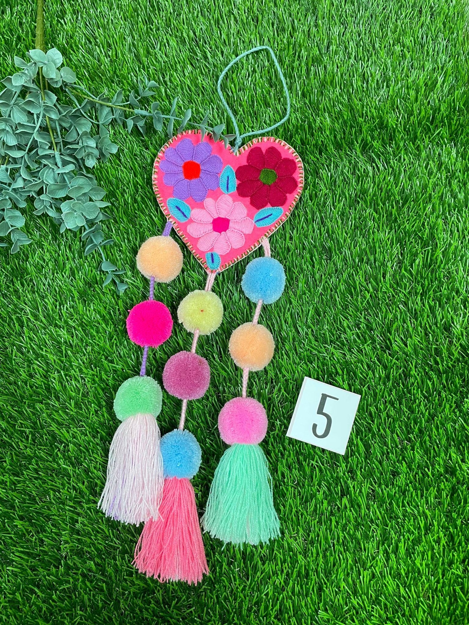 Beautiful Mexican Home Decor - Heart PomPom with PomPom Tassels - Hand Embroidered Heart