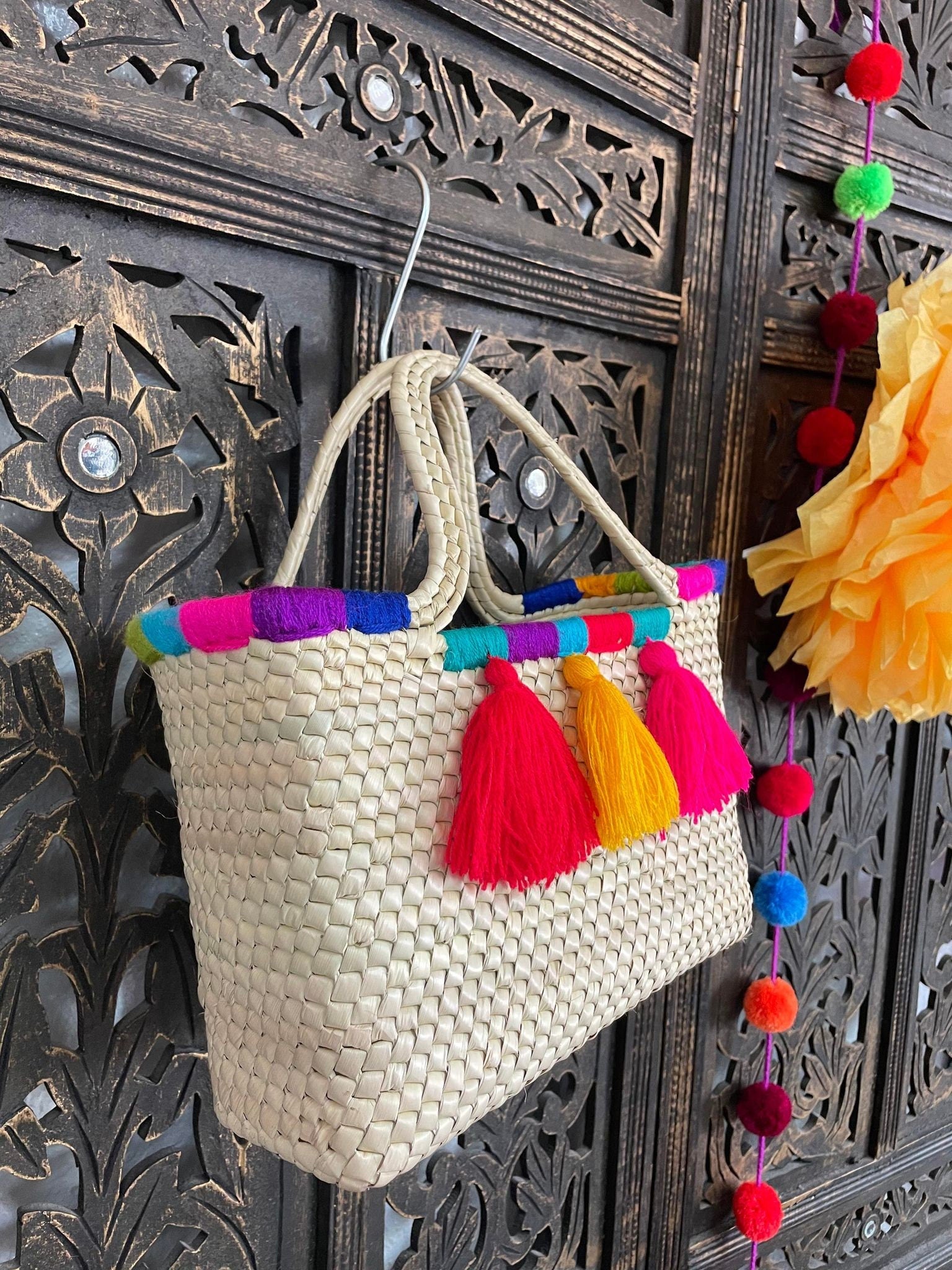 Image of Cute Handmade Tassel Wicker Purse - Handmade Mexican Wicker Purse - Small Purse