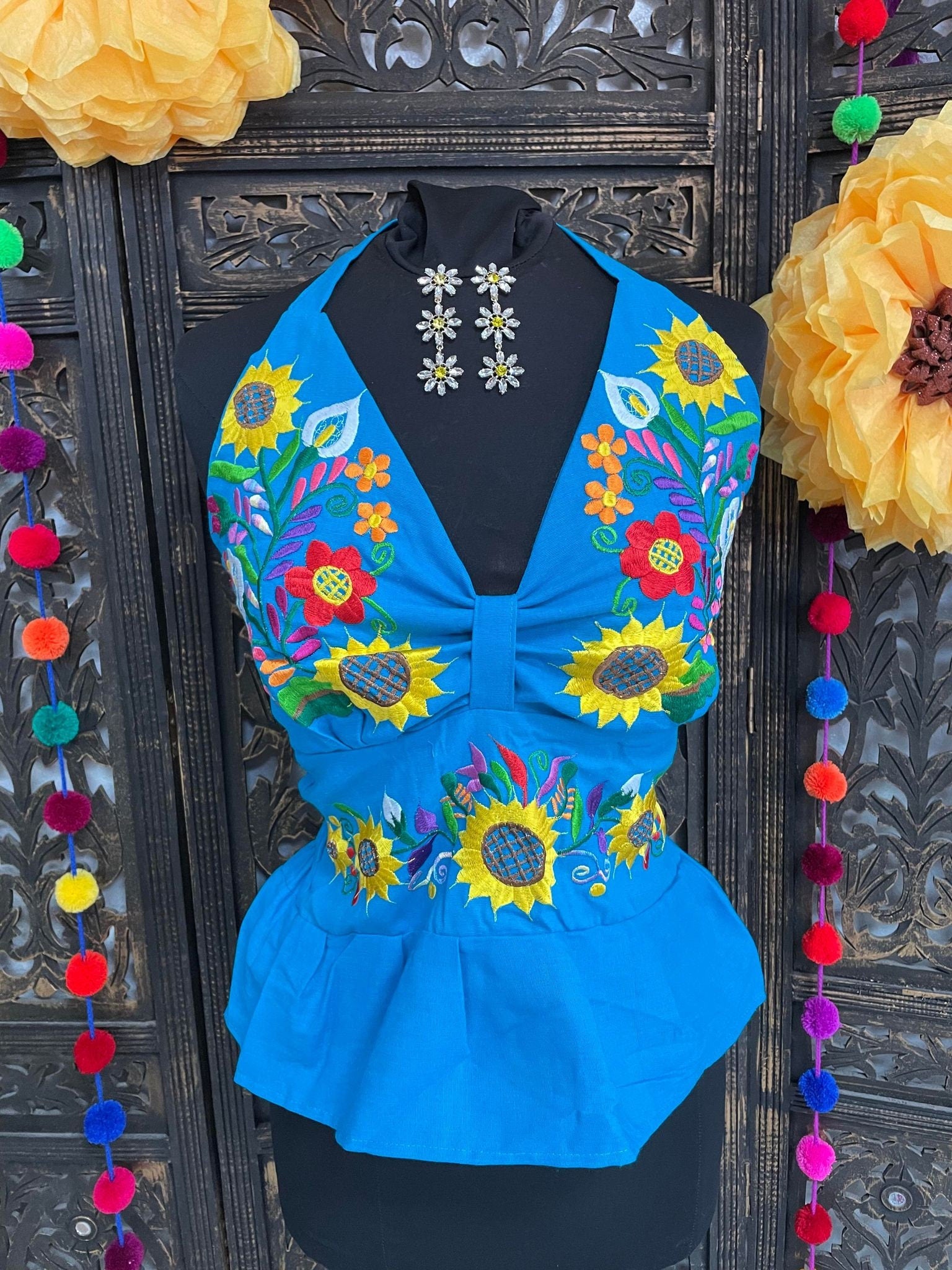Image of Summertime Mexican Halter Blouses - Artisan Made Embroidered Blouses - Floral Halter Blouse