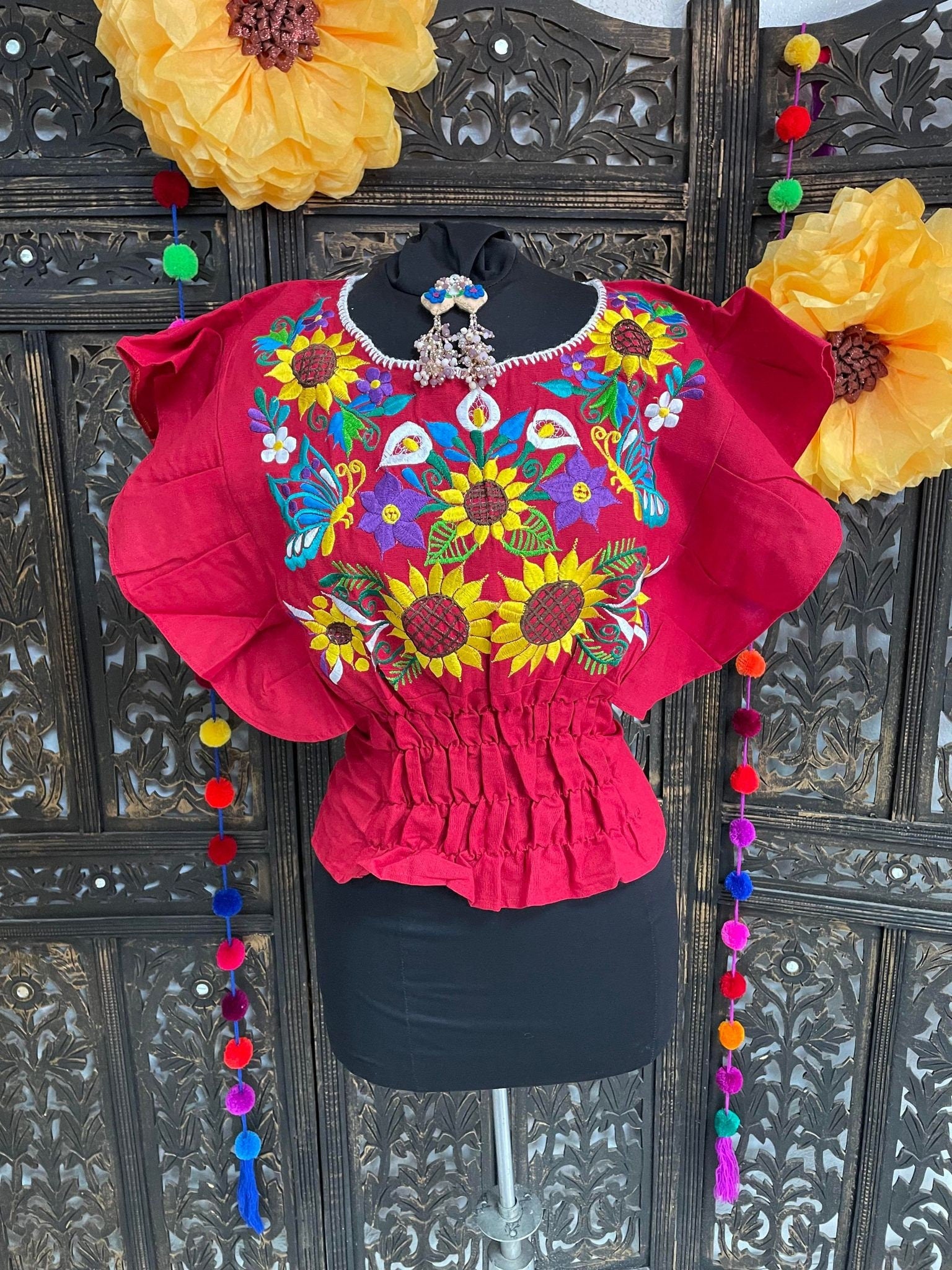 Image of Beautiful Trendy Mexican Style Blouse - Artisan Made Embroidered Blouse - Floral Design Blouse