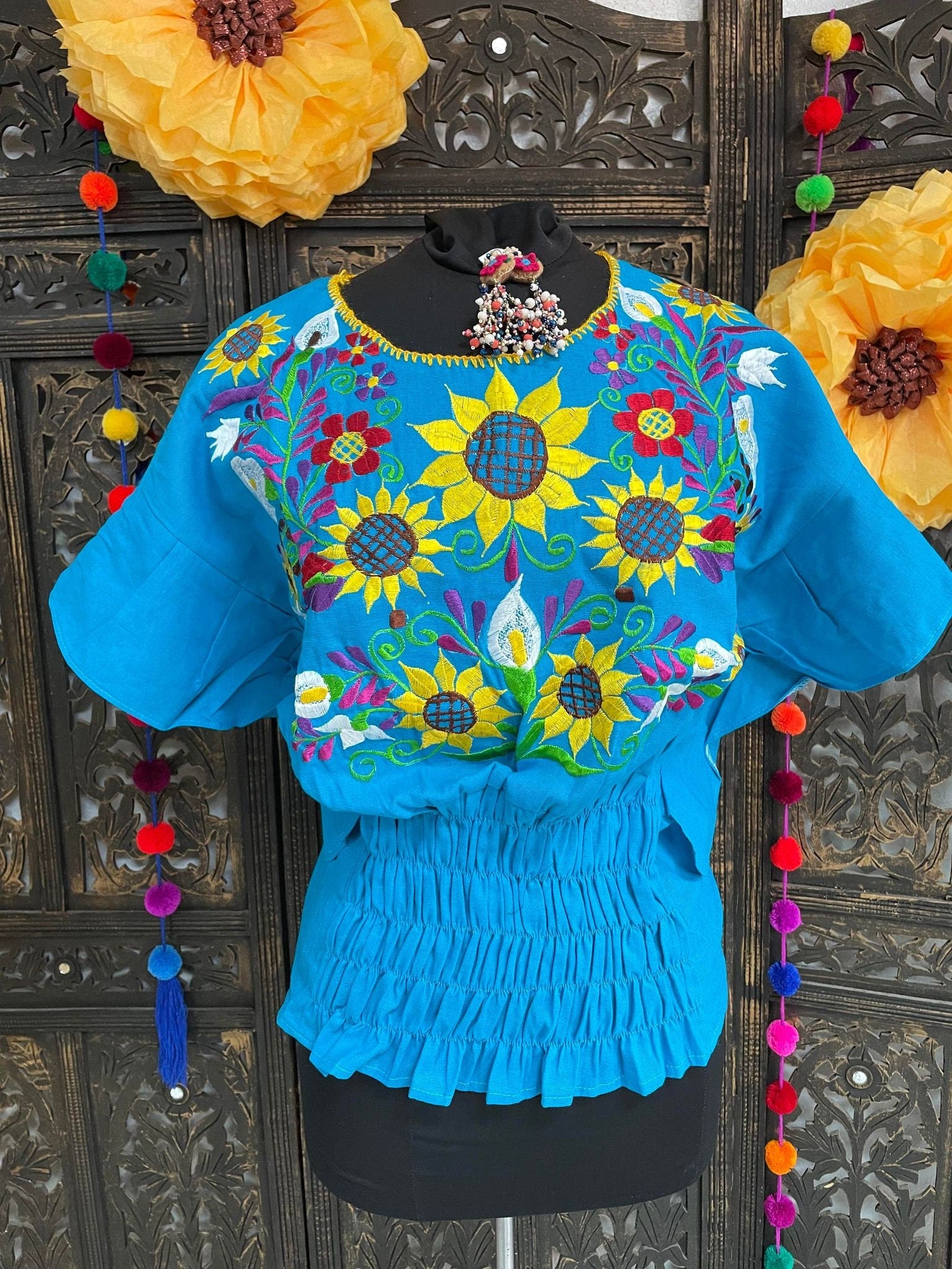 Image of Beautiful Trendy Mexican Style Blouse - Artisan Made Embroidered Blouse - Floral Design Blouse