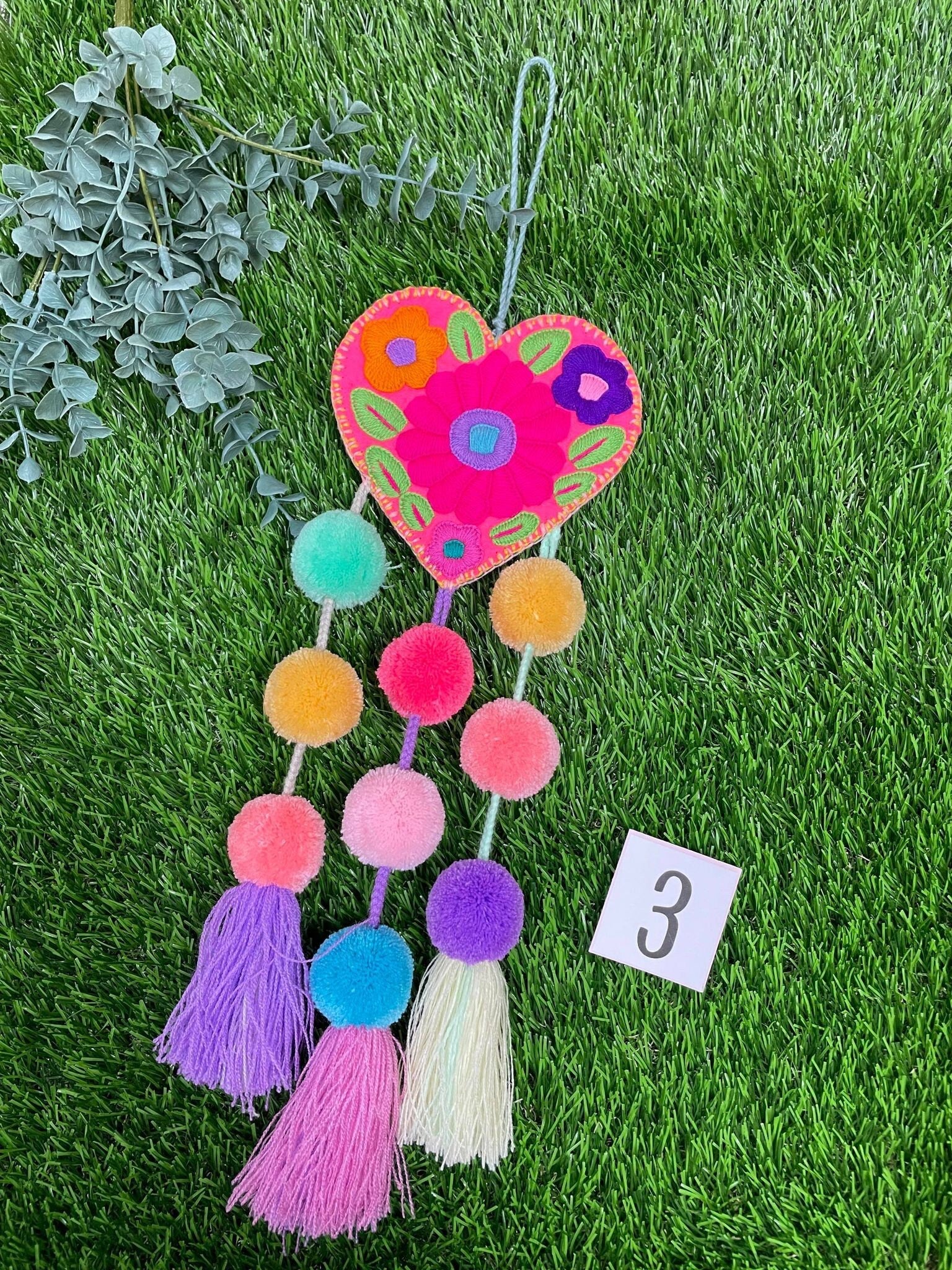Beautiful Mexican Home Decor - Heart PomPom with PomPom Tassels - Hand Embroidered Heart