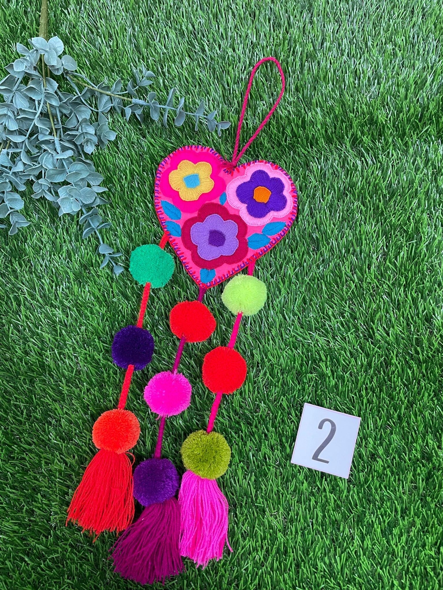 Beautiful Mexican Home Decor - Heart PomPom with PomPom Tassels - Hand Embroidered Heart