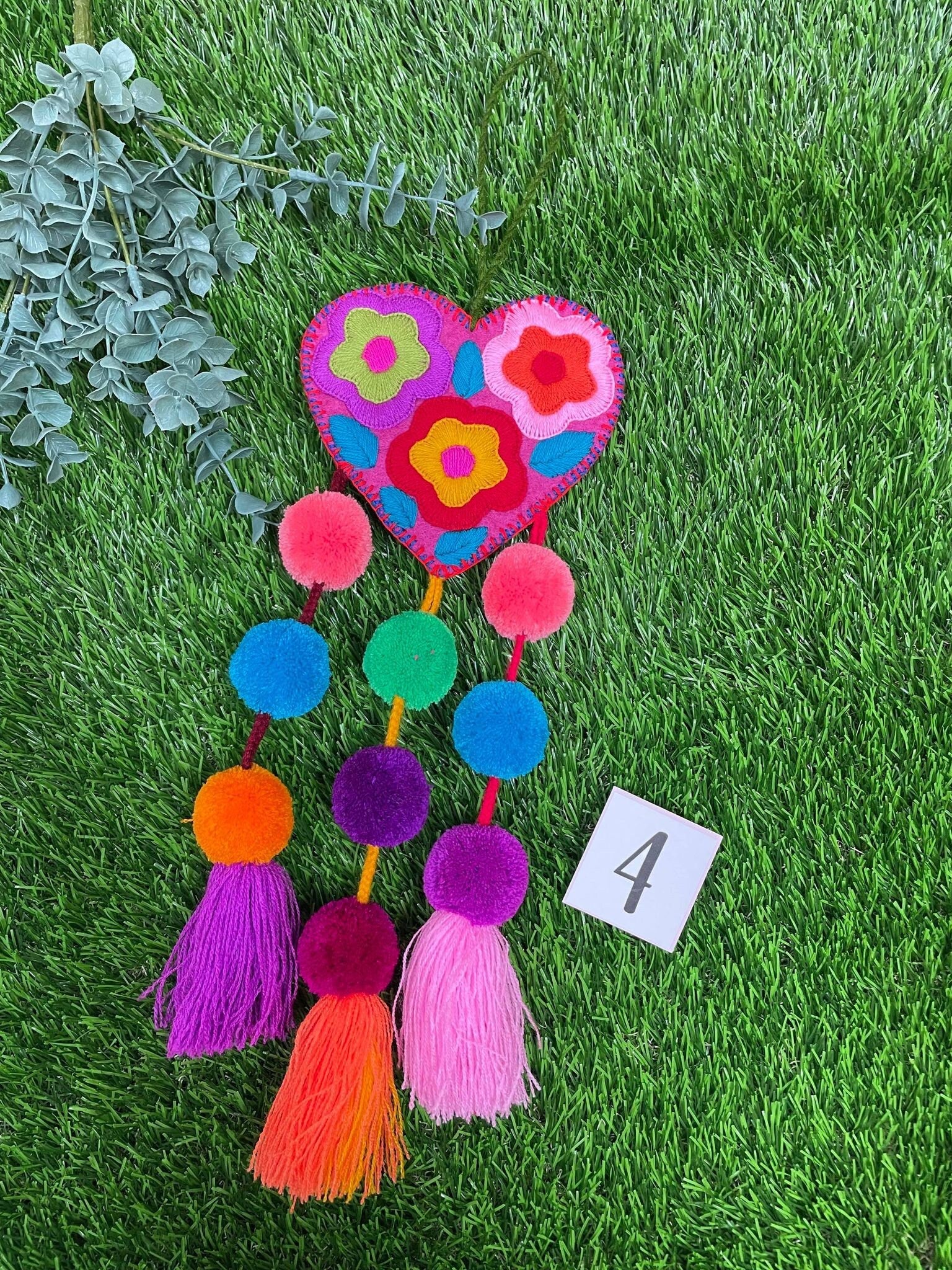 Beautiful Mexican Home Decor - Heart PomPom with PomPom Tassels - Hand Embroidered Heart