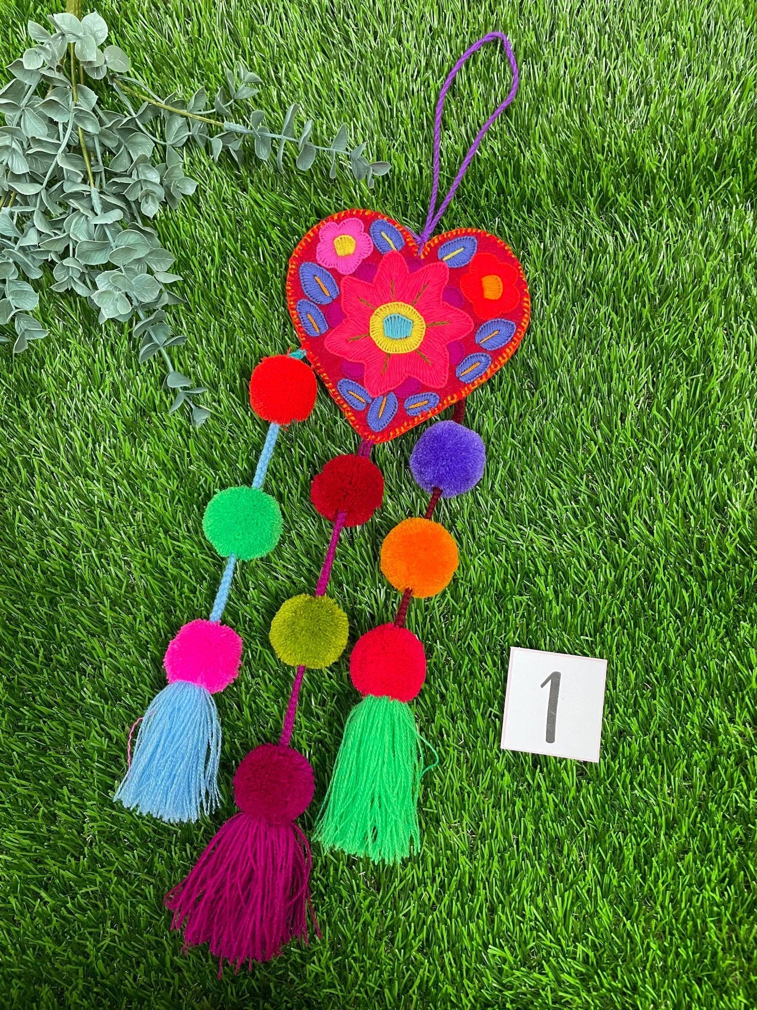 Image of Beautiful Mexican Home Decor - Heart PomPom with PomPom Tassels - Hand Embroidered Heart