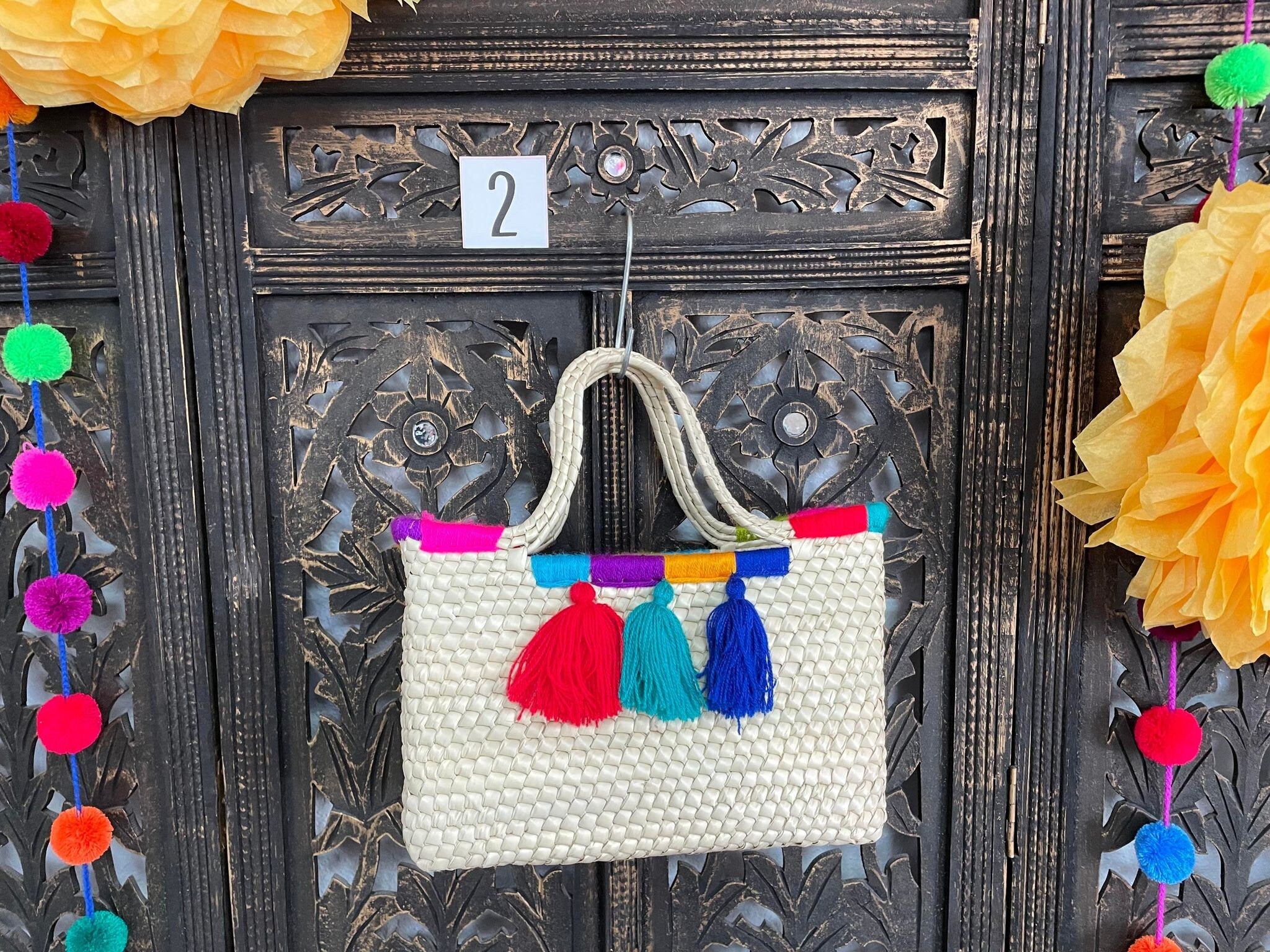 Image of Cute Handmade Tassel Wicker Purse - Handmade Mexican Wicker Purse - Small Purse