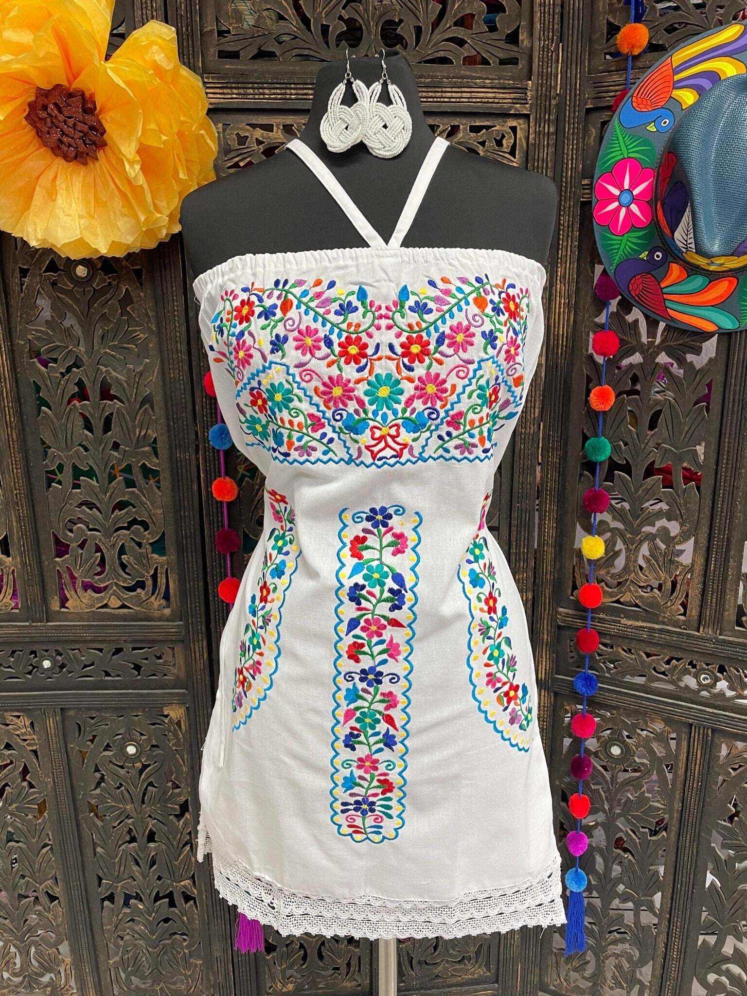 Image of Beautiful Embroidered Halter Sun Dress - Artisanal Embroidered Summer Dress