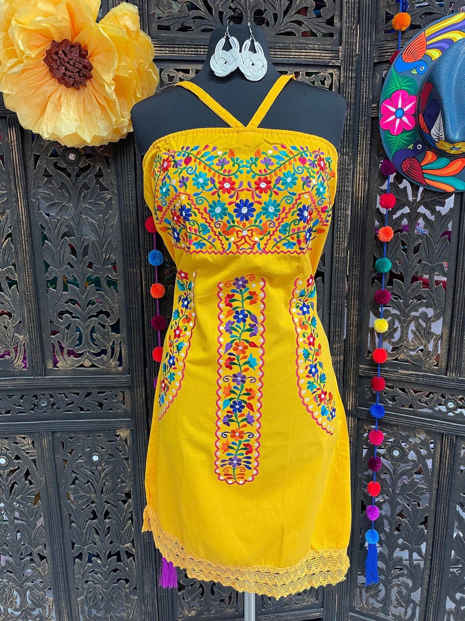 Image of Beautiful Embroidered Halter Sun Dress - Artisanal Embroidered Summer Dress