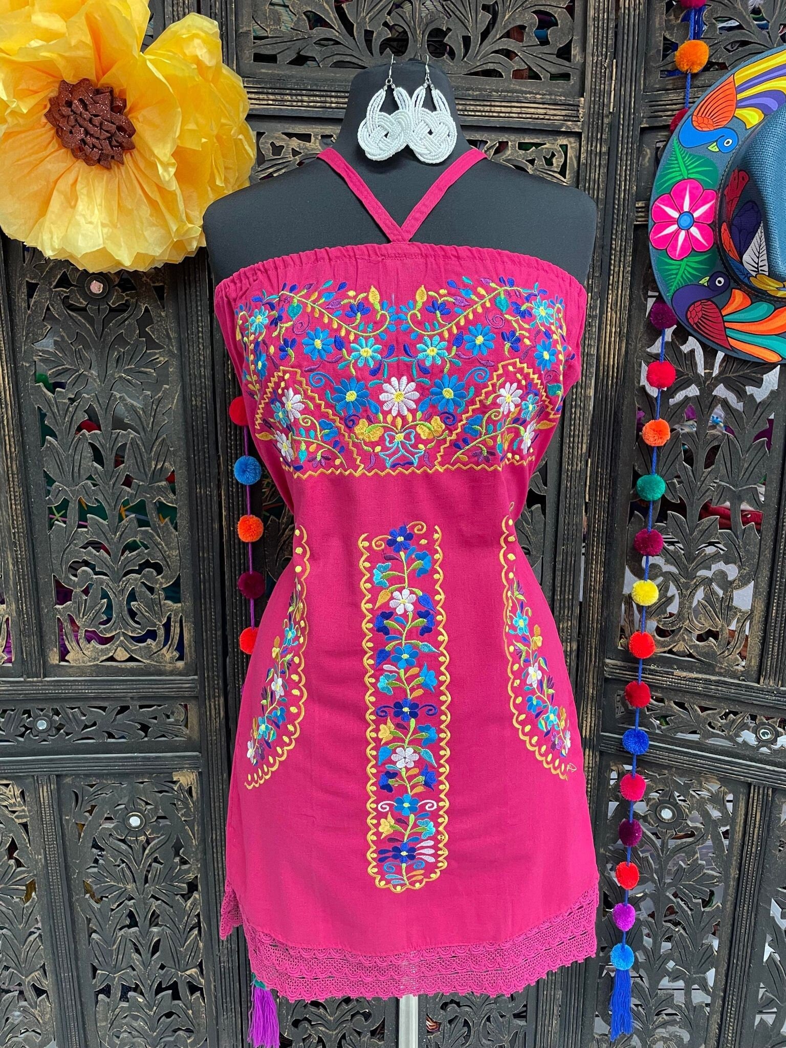 Image of Beautiful Embroidered Halter Sun Dress - Artisanal Embroidered Summer Dress