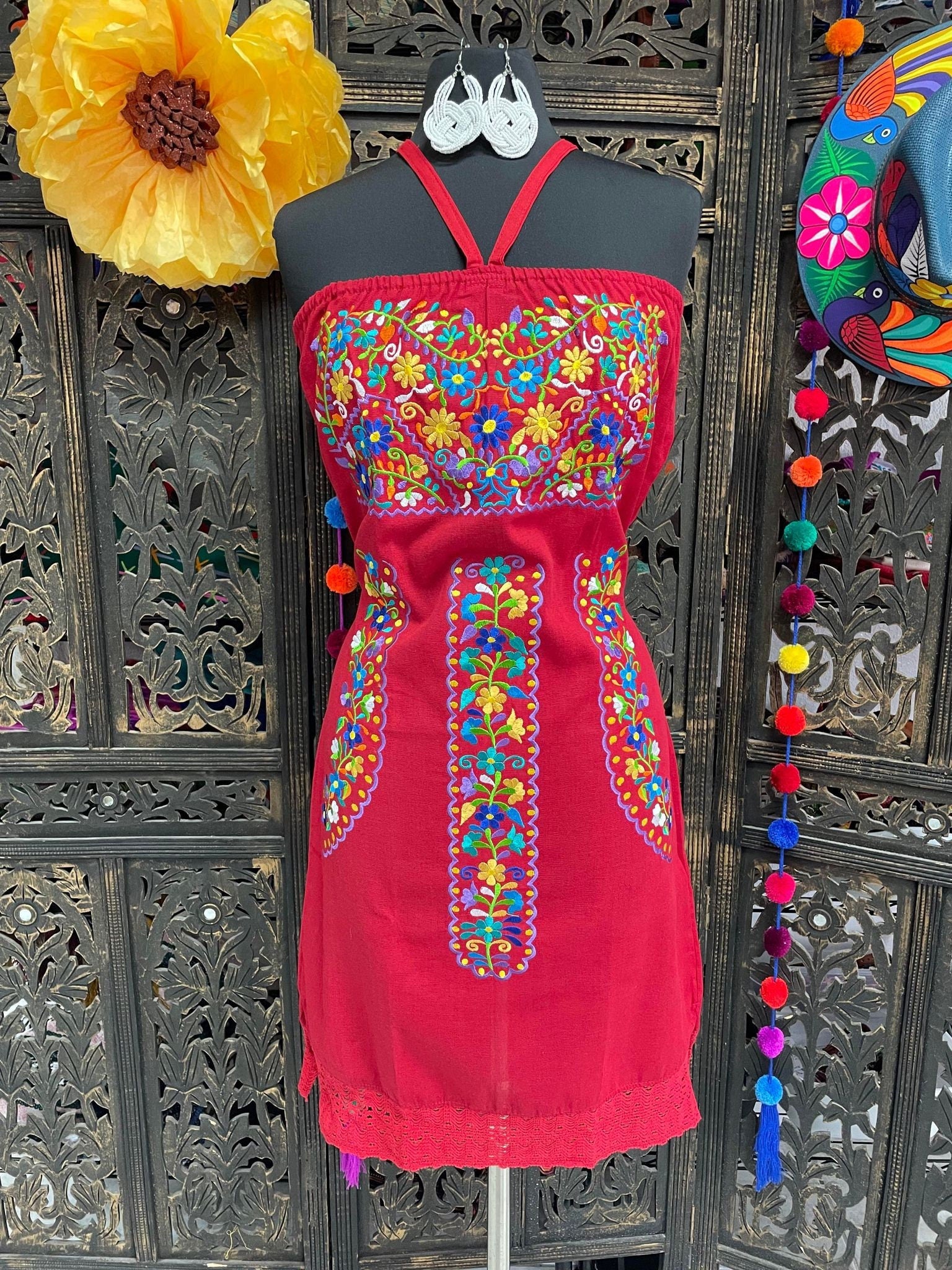 Image of Beautiful Embroidered Halter Sun Dress - Artisanal Embroidered Summer Dress