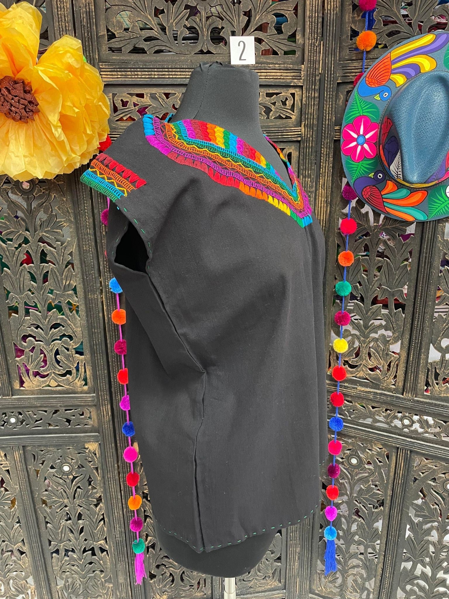 Image of Precious Black Hand Embroidered Rainbow Blouse - Handmade Artisanal Blouse