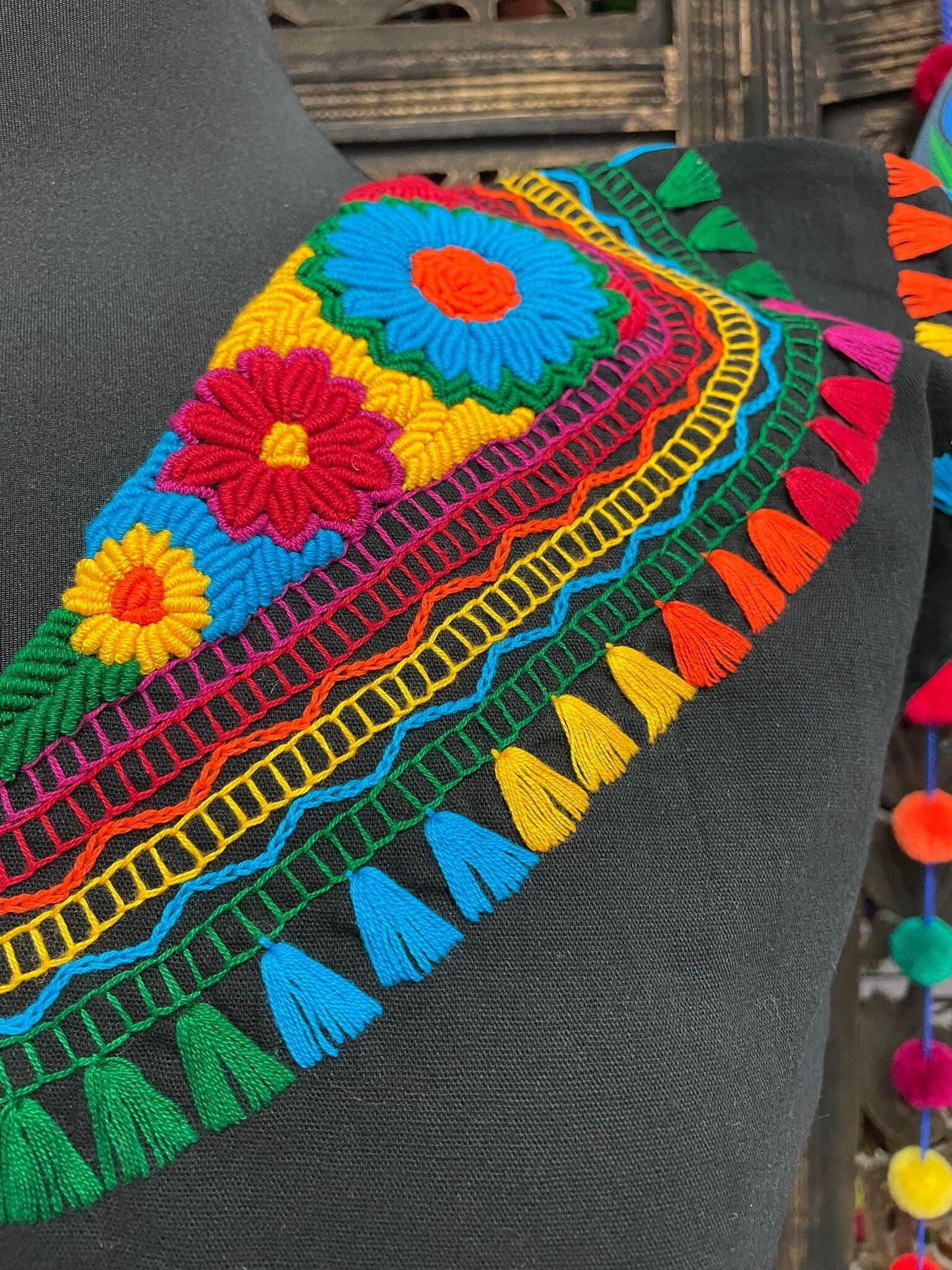 Precious Black Hand Embroidered Rainbow Blouse - Handmade Artisanal Blouse