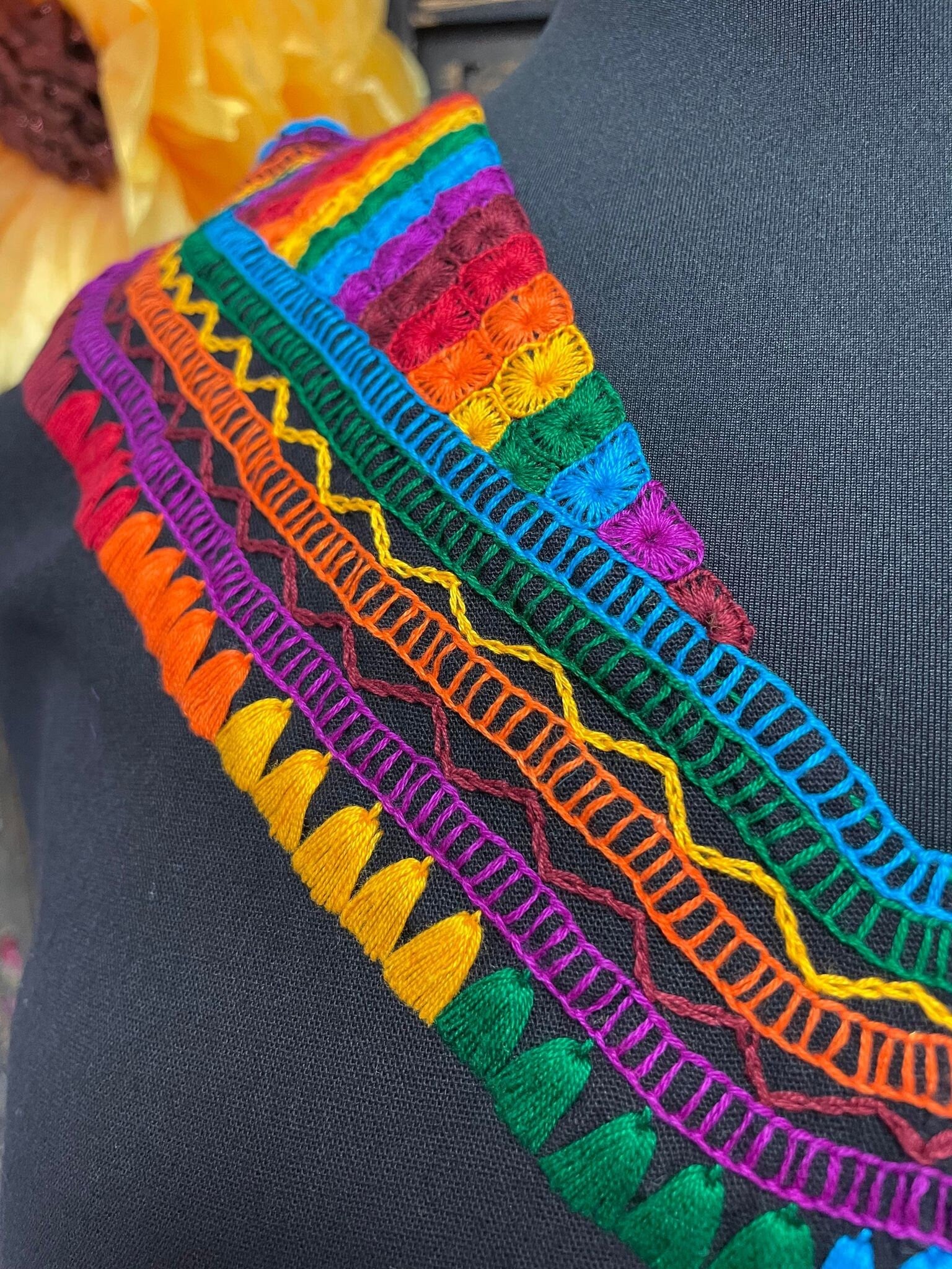 Image of Precious Black Hand Embroidered Rainbow Blouse - Handmade Artisanal Blouse