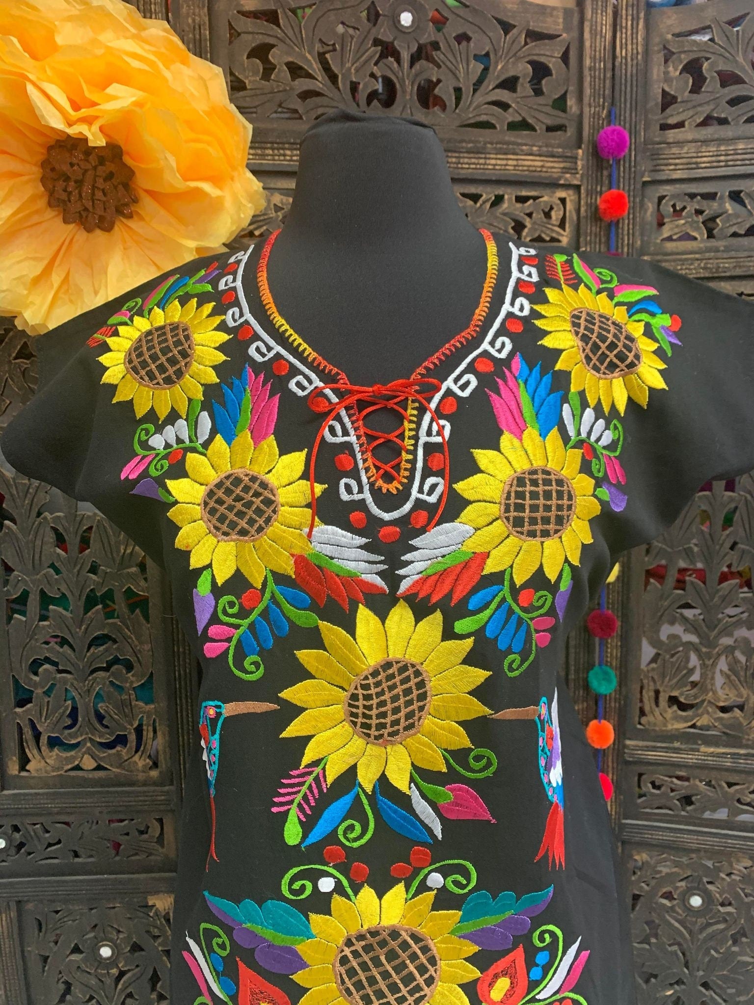 Image of Gorgeous Sunflower Embroidered Dress - Mexican Embroidered Dress - Floral Designs - S