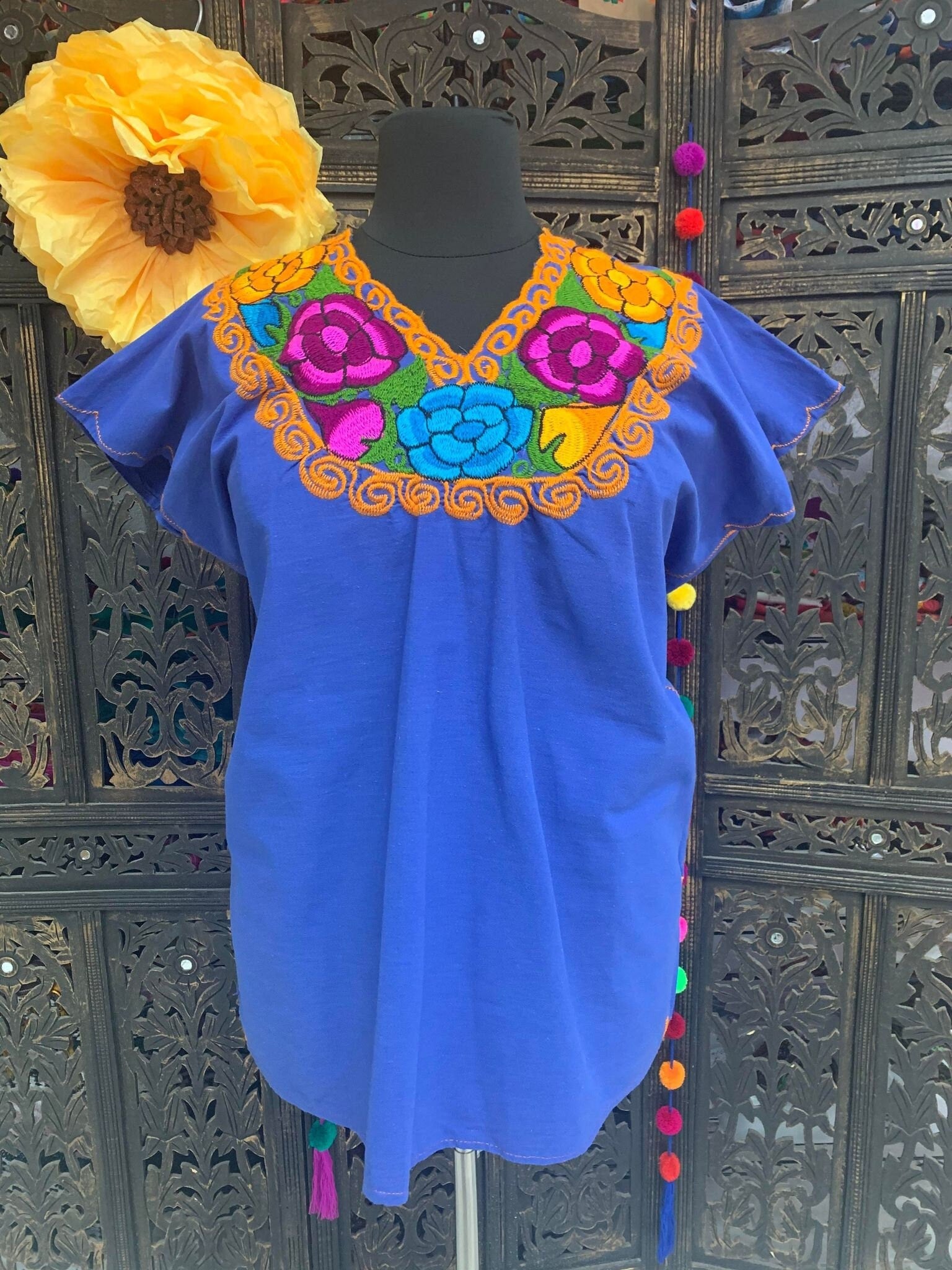 Image of Gorgeous Sunflower Embroidered Dress - Mexican Embroidered Dress - Floral Designs - 2X