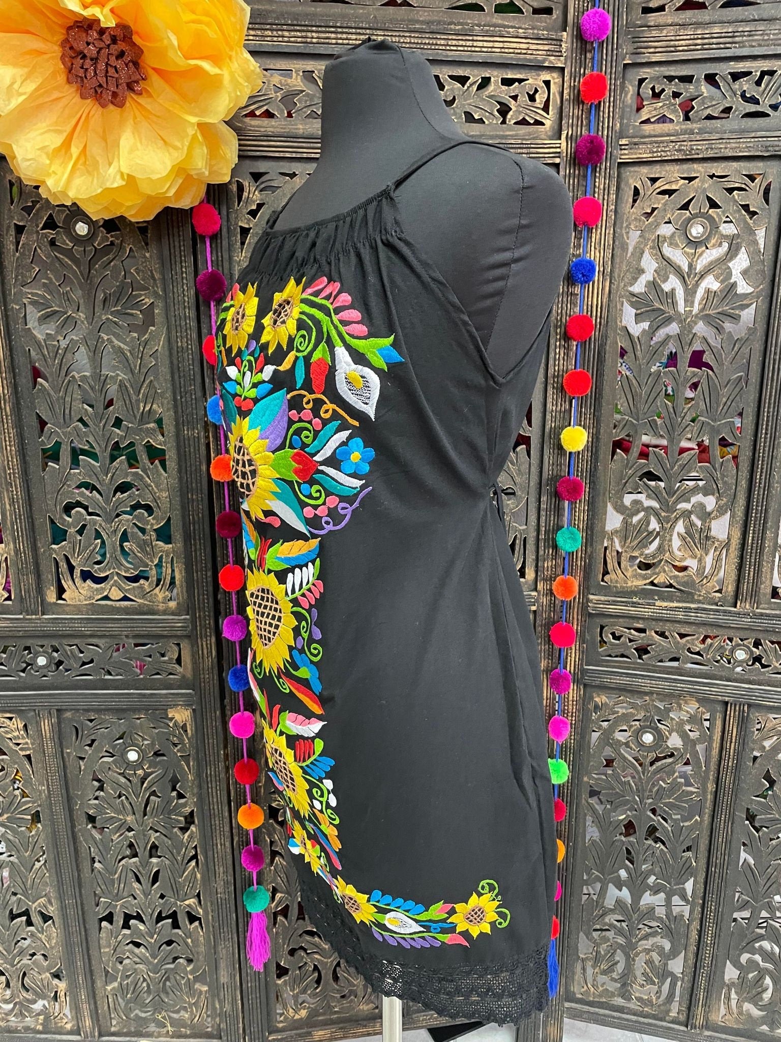 Image of Gorgeous Sunflower Strap Embroidered Dress - Mexican Embroidered Dress - Floral Designs - S-L