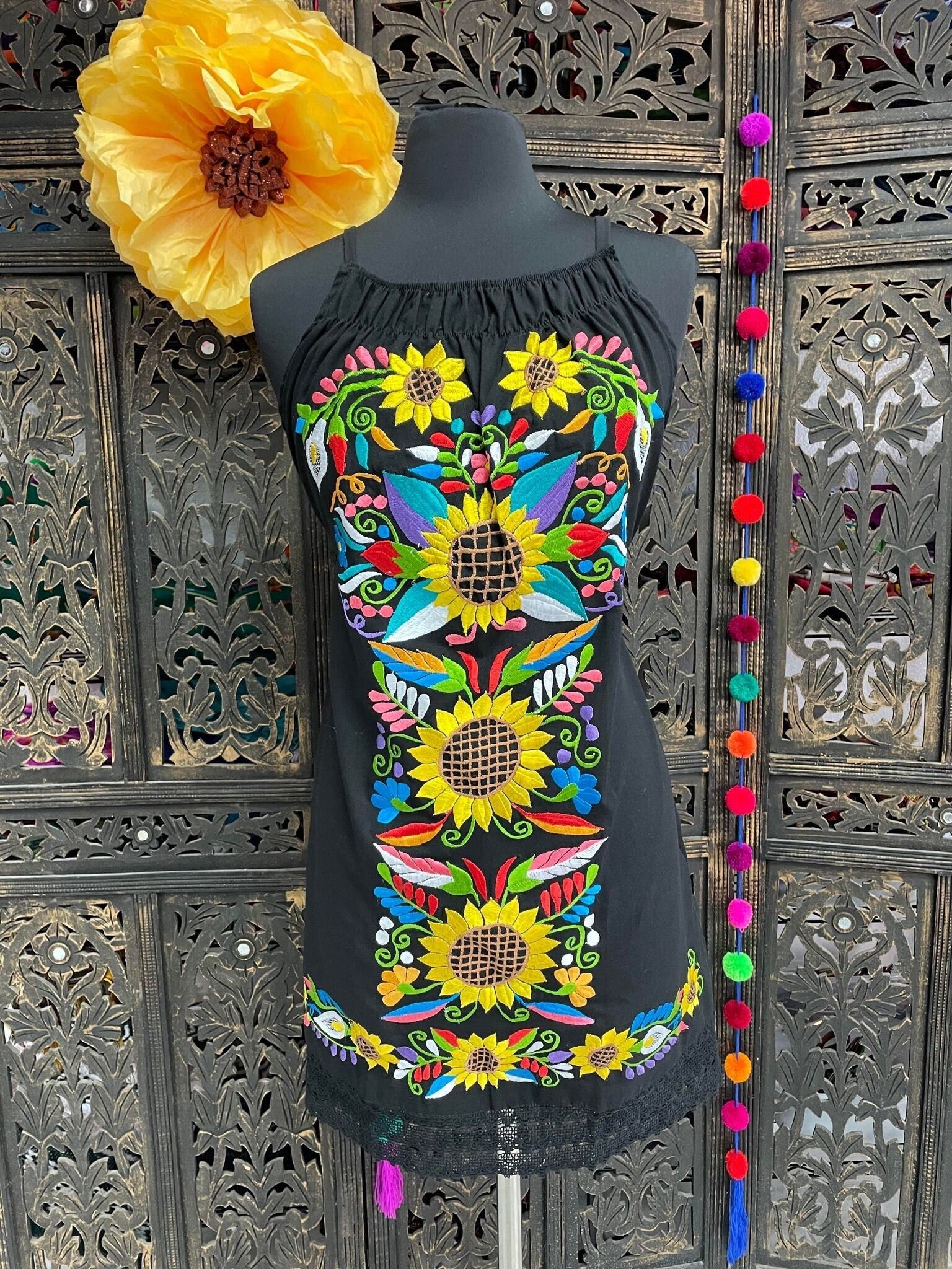 Image of Gorgeous Sunflower Strap Embroidered Dress - Mexican Embroidered Dress - Floral Designs - S-L