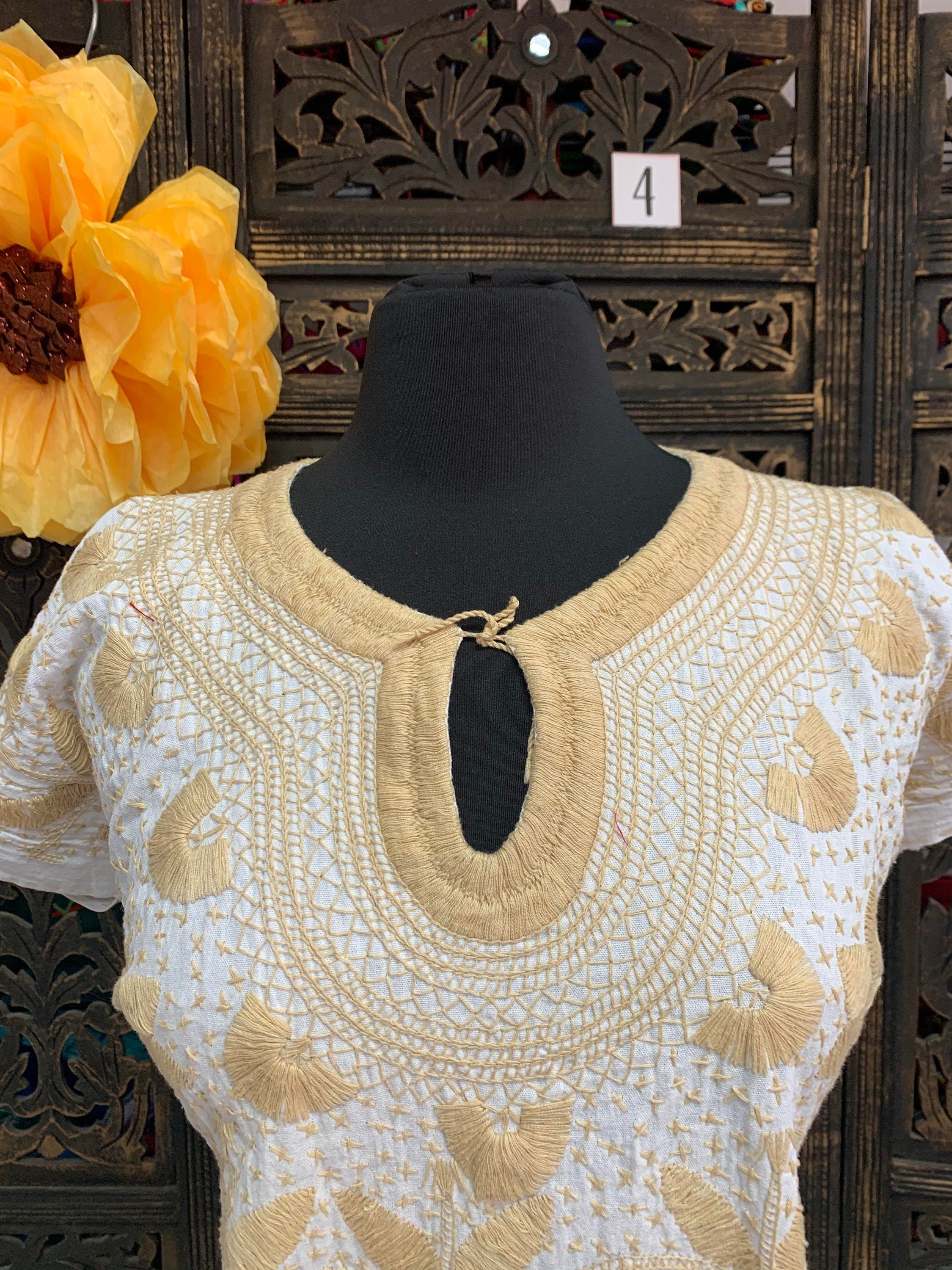 Image of Gorgeous Floral Hand Embroidered Dress - Mexican Embroidered Dress - SHORT SLEEVE - Floral Designs - M/L
