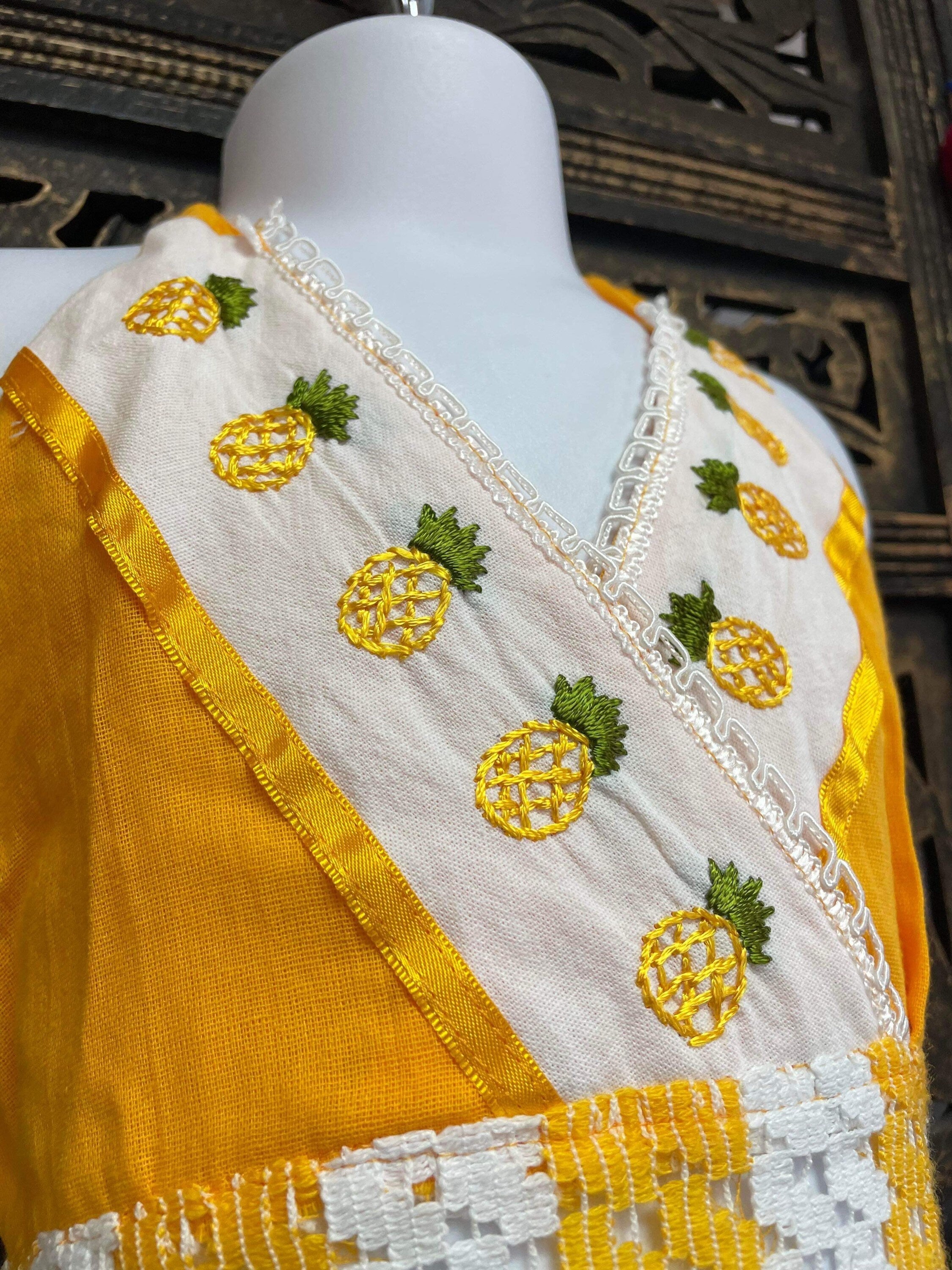 Artisanal Pinneapple Embroidered Girls Dress - Mexican Embroidered Dress