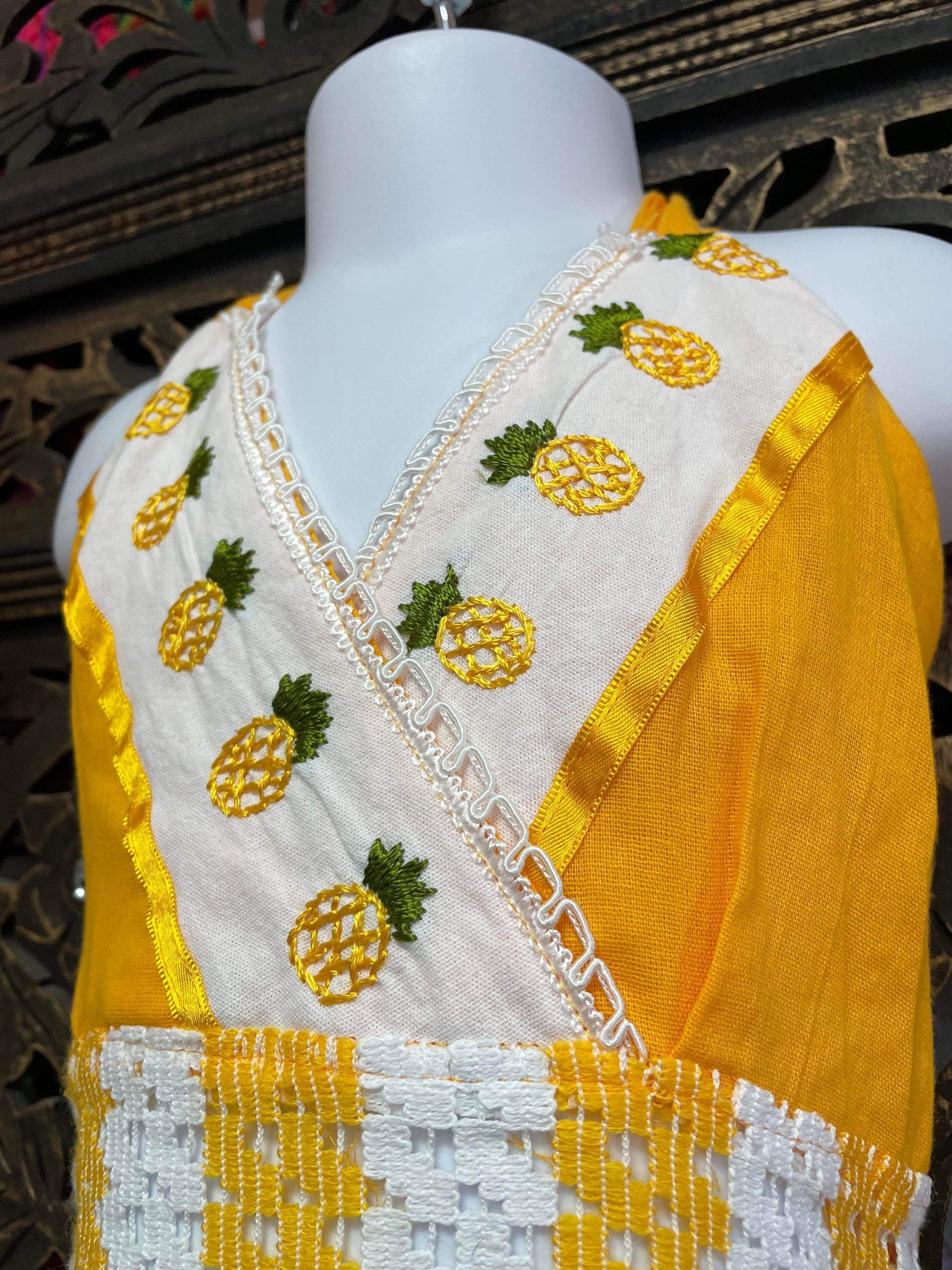 Image of Artisanal Pinneapple Embroidered Girls Dress - Mexican Embroidered Dress
