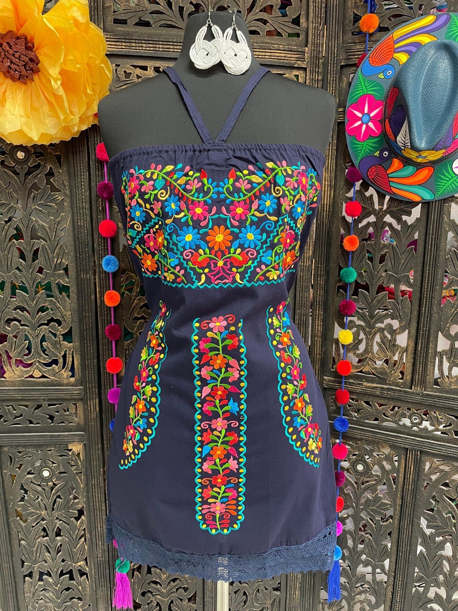 Image of Beautiful Embroidered Halter Sun Dress - Artisanal Embroidered Summer Dress