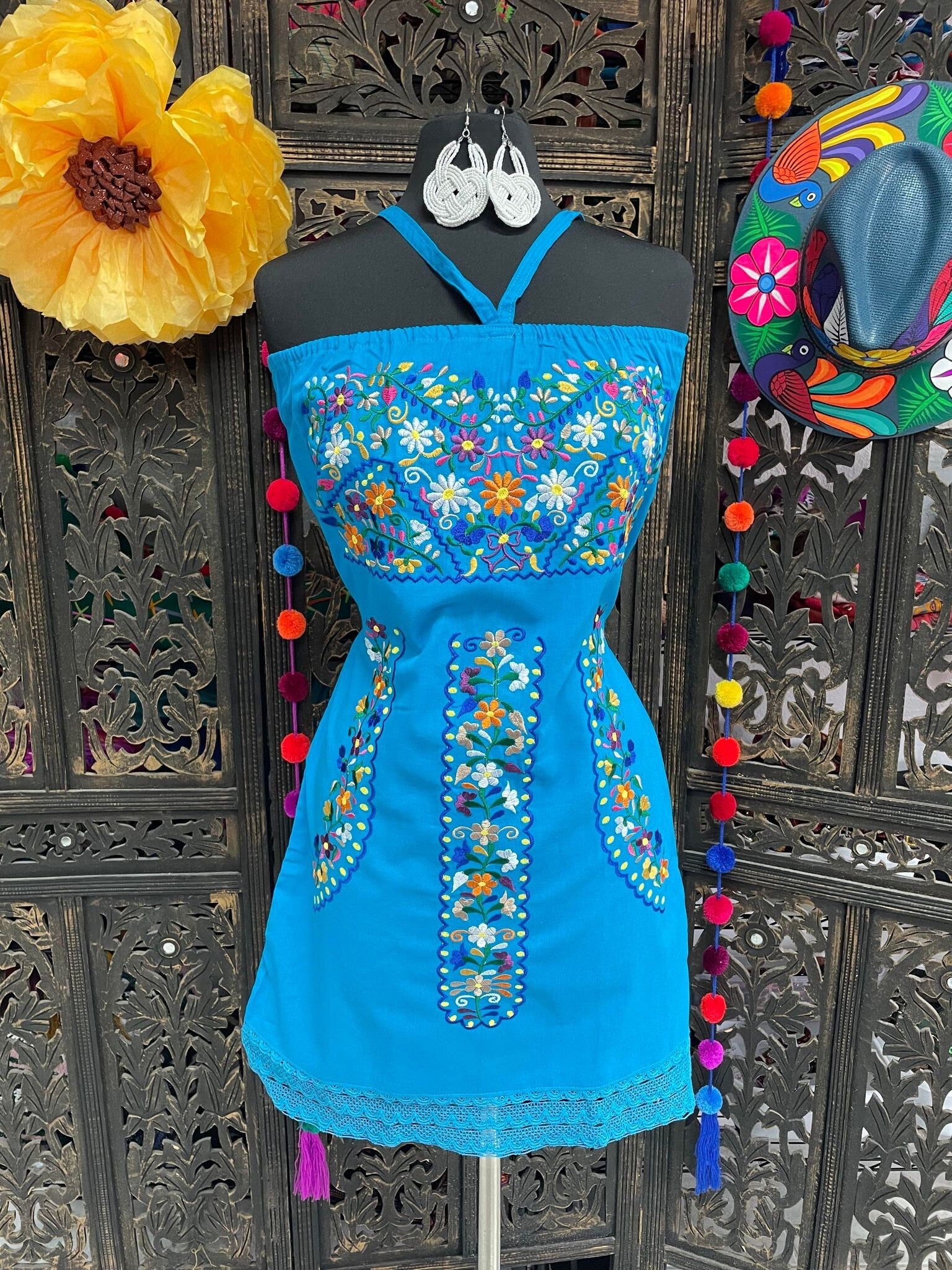 Image of Beautiful Embroidered Halter Sun Dress - Artisanal Embroidered Summer Dress