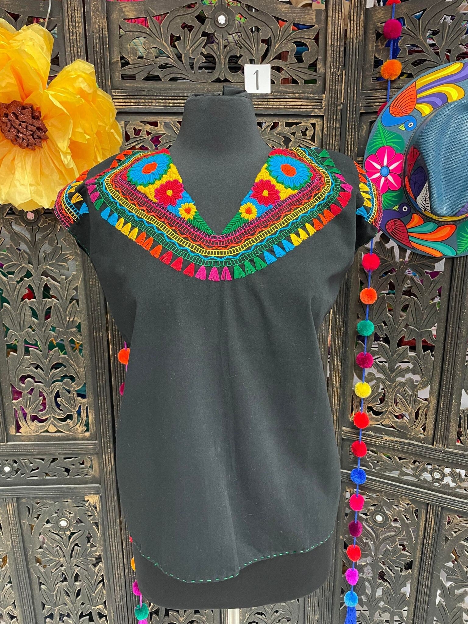 Precious Black Hand Embroidered Rainbow Blouse - Handmade Artisanal Blouse