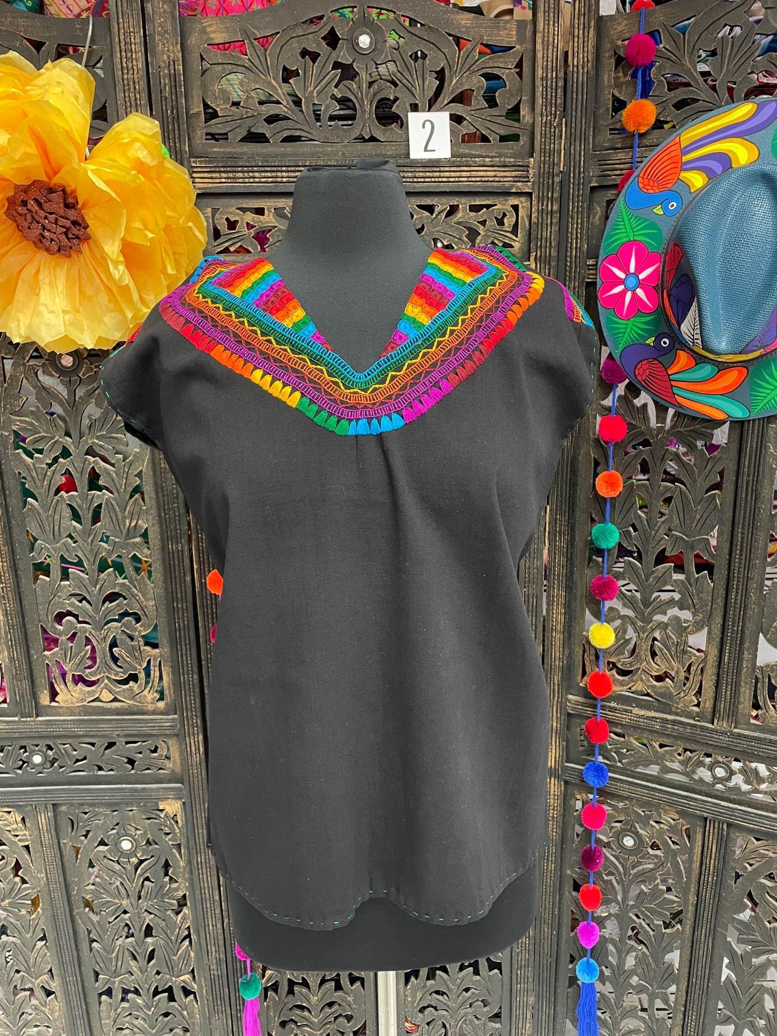 Image of Precious Black Hand Embroidered Rainbow Blouse - Handmade Artisanal Blouse