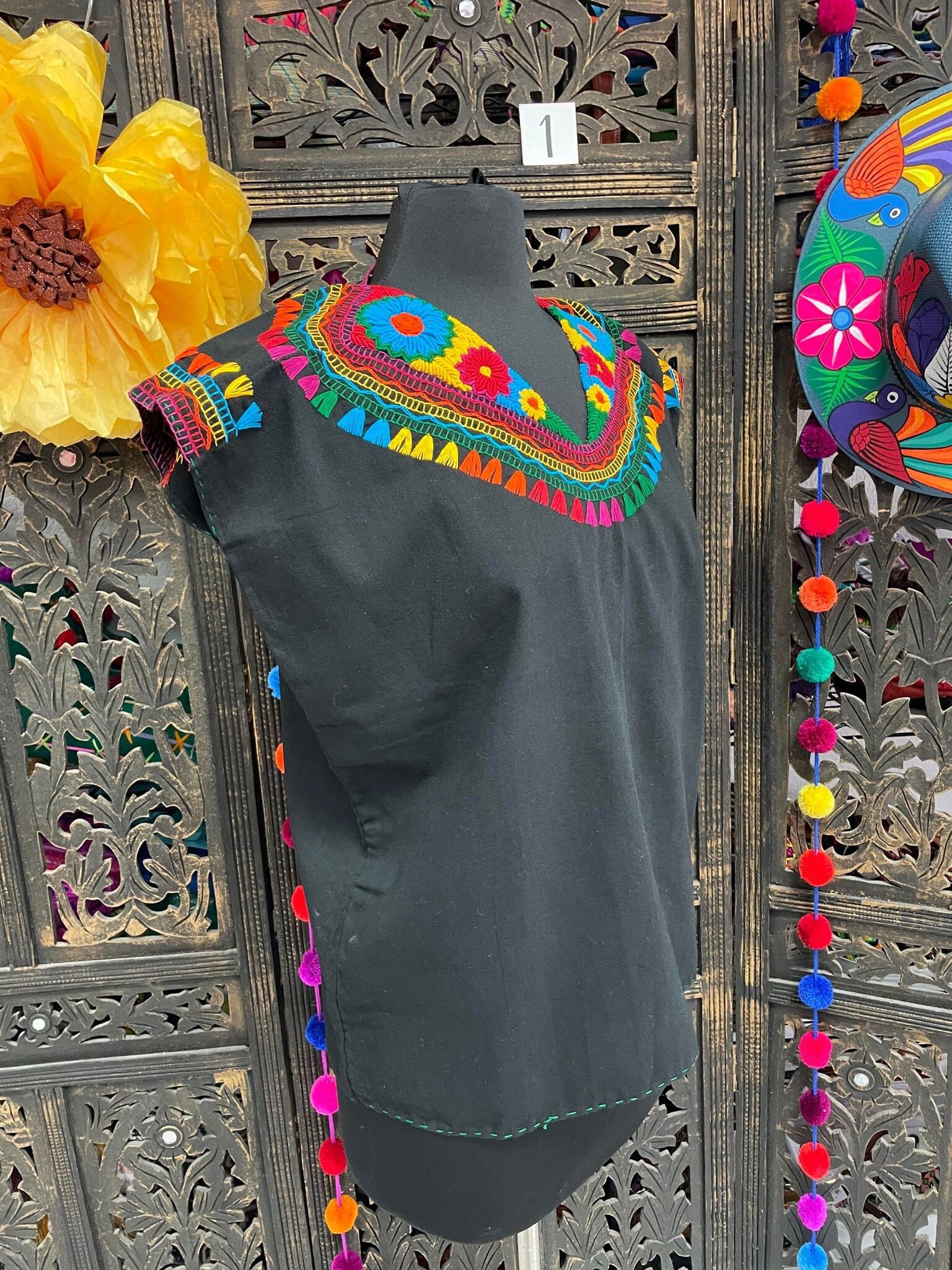 Precious Black Hand Embroidered Rainbow Blouse - Handmade Artisanal Blouse