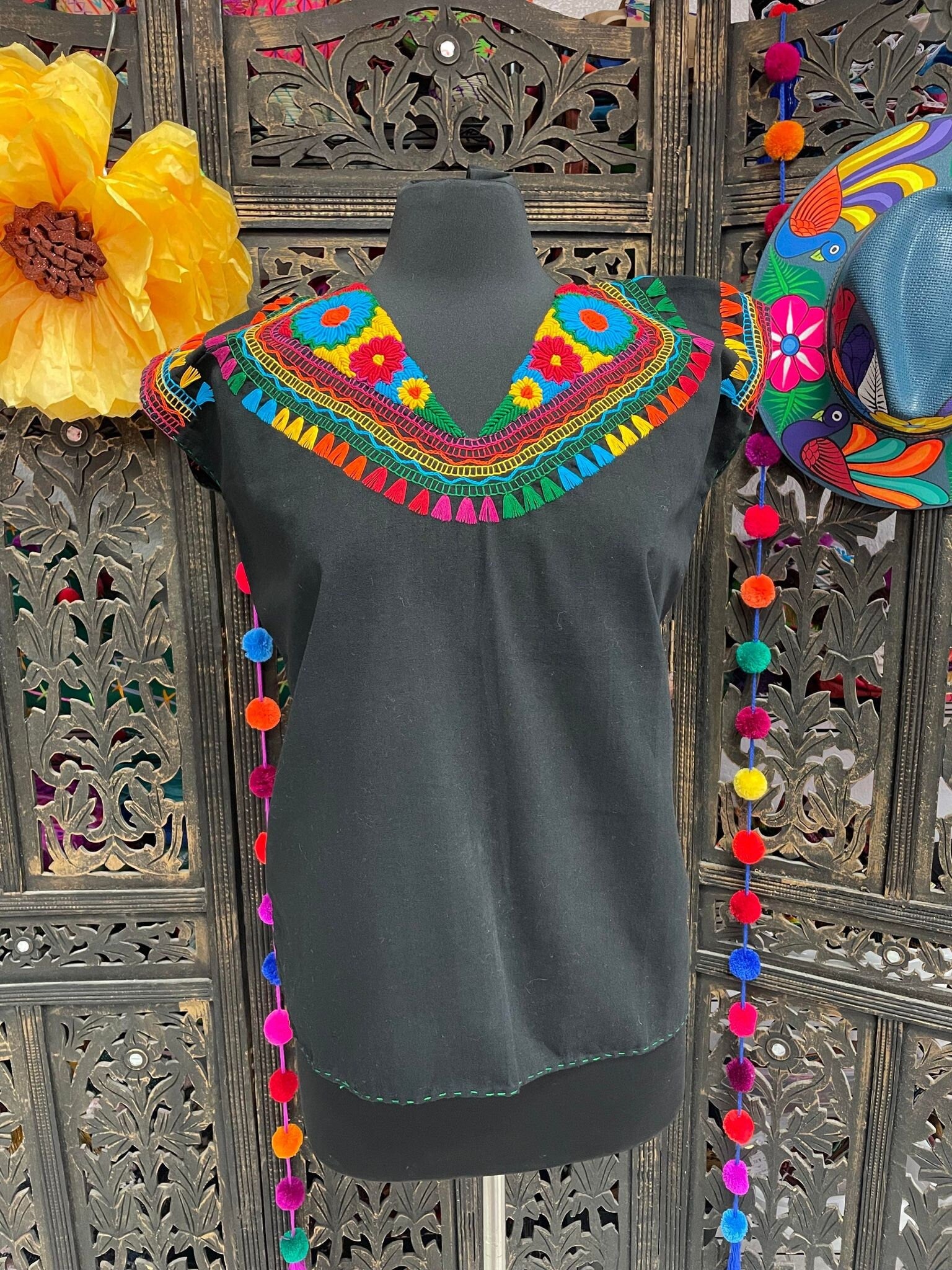 Image of Precious Black Hand Embroidered Rainbow Blouse - Handmade Artisanal Blouse