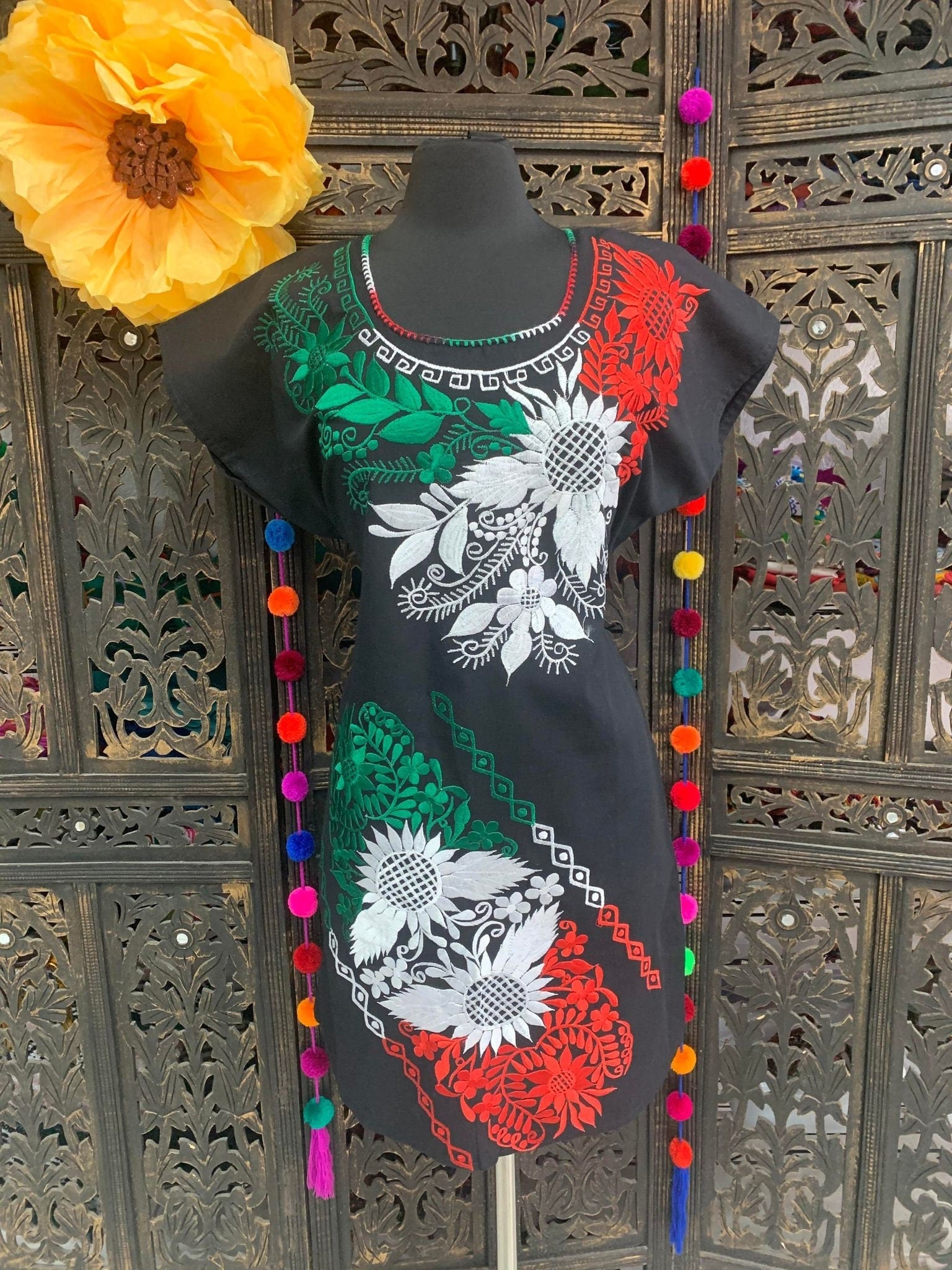 Gorgeous TriColor Embroidered Dress - Mexican Embroidered Dress - Floral Designs - S/M