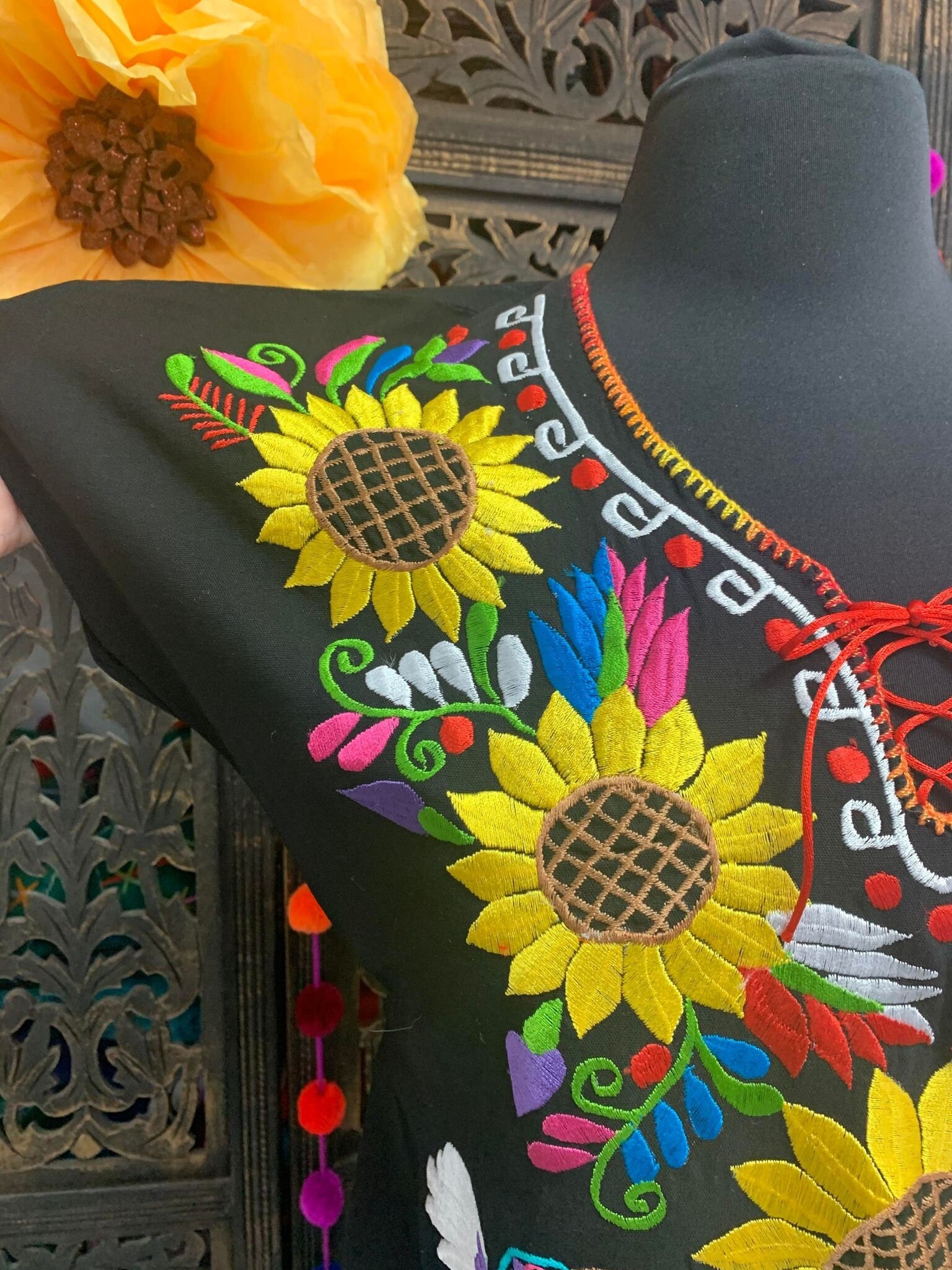 Gorgeous Sunflower Embroidered Dress - Mexican Embroidered Dress - Floral Designs - S