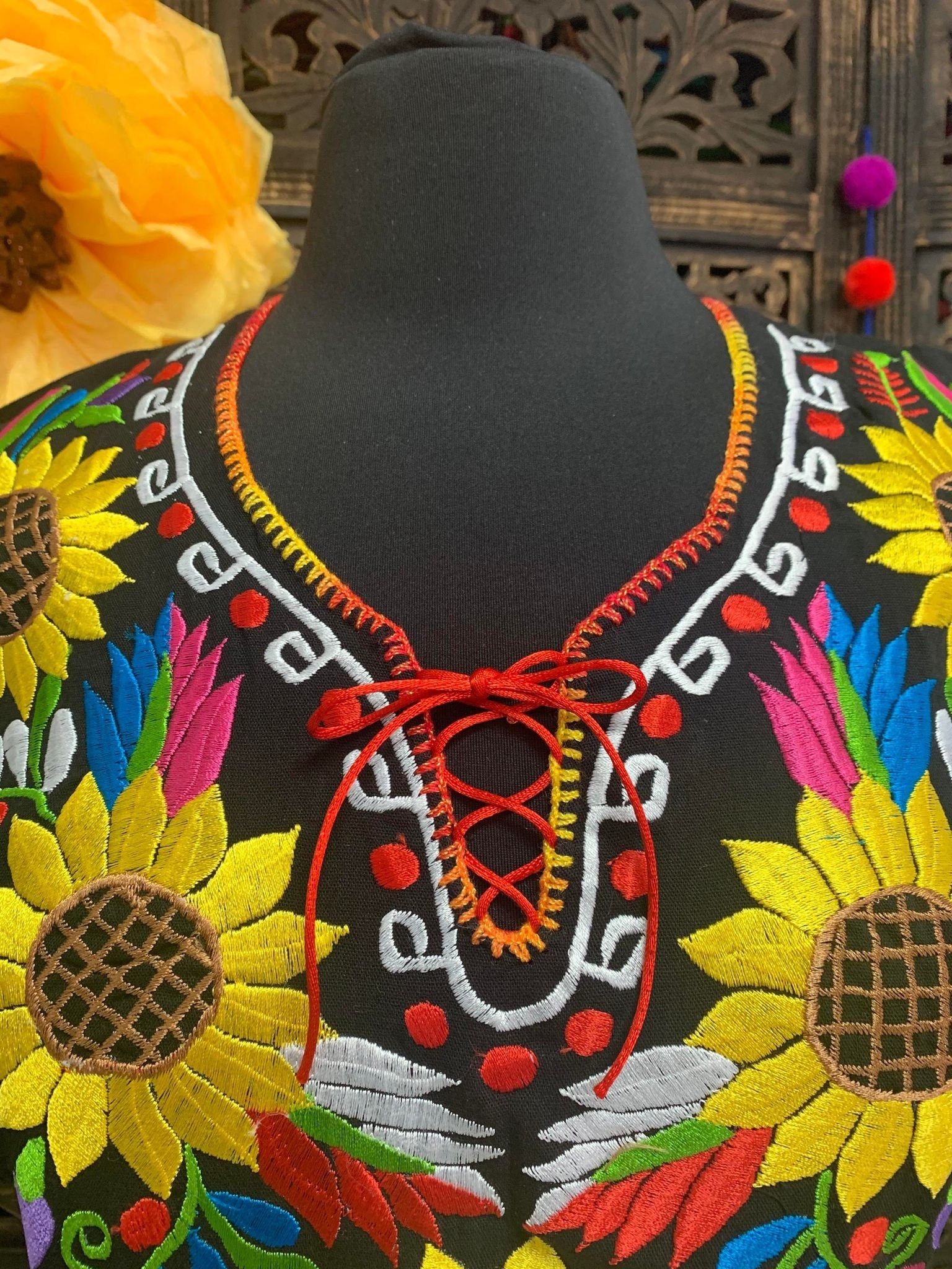 Image of Gorgeous Sunflower Embroidered Dress - Mexican Embroidered Dress - Floral Designs - S