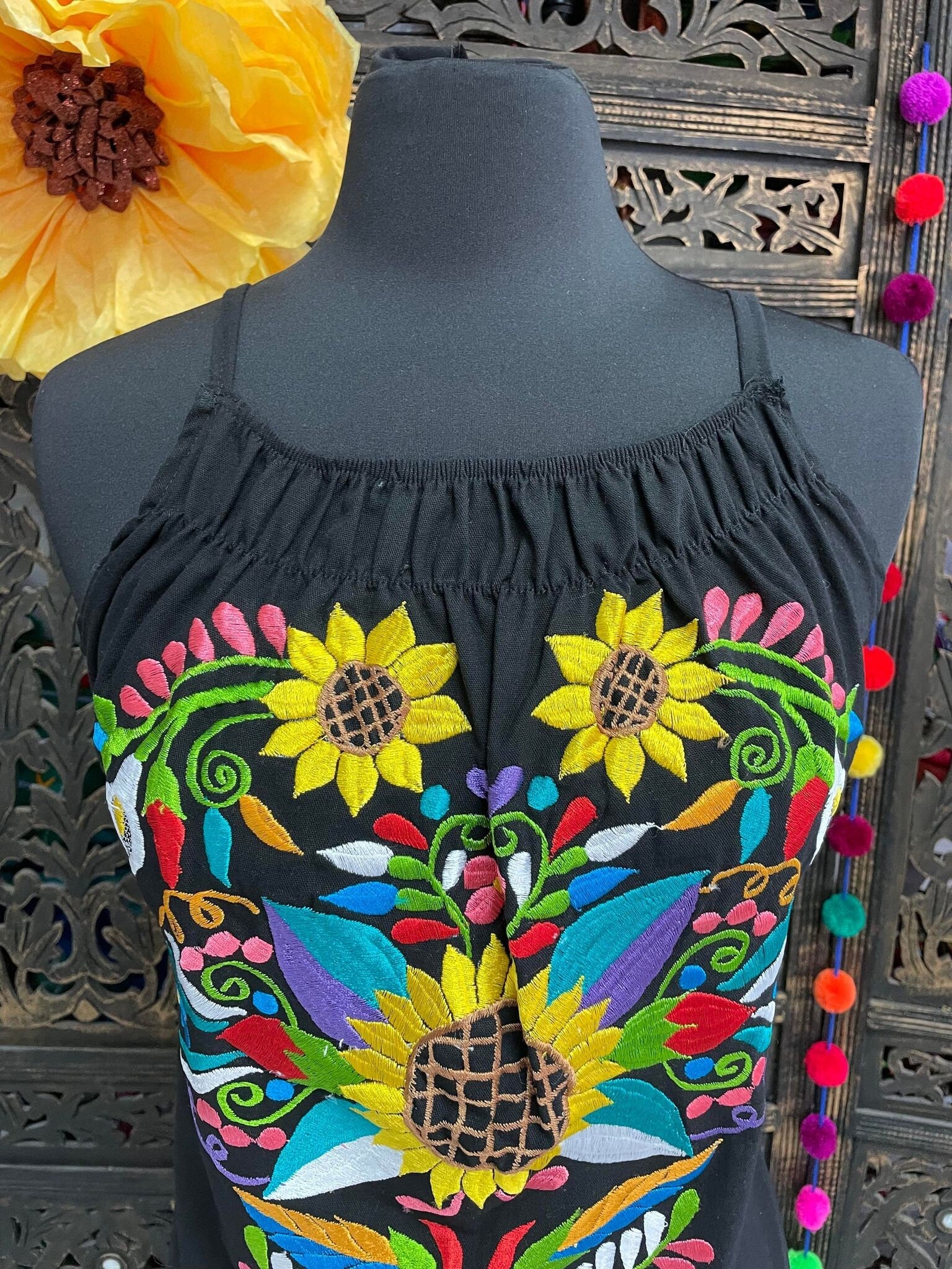 Gorgeous Sunflower Strap Embroidered Dress - Mexican Embroidered Dress - Floral Designs - S-L
