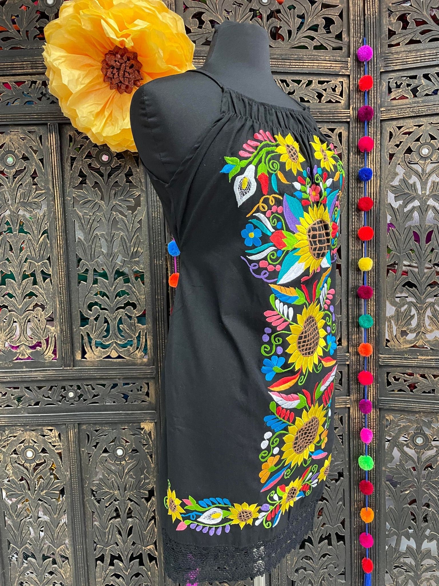 Image of Gorgeous Sunflower Strap Embroidered Dress - Mexican Embroidered Dress - Floral Designs - S-L